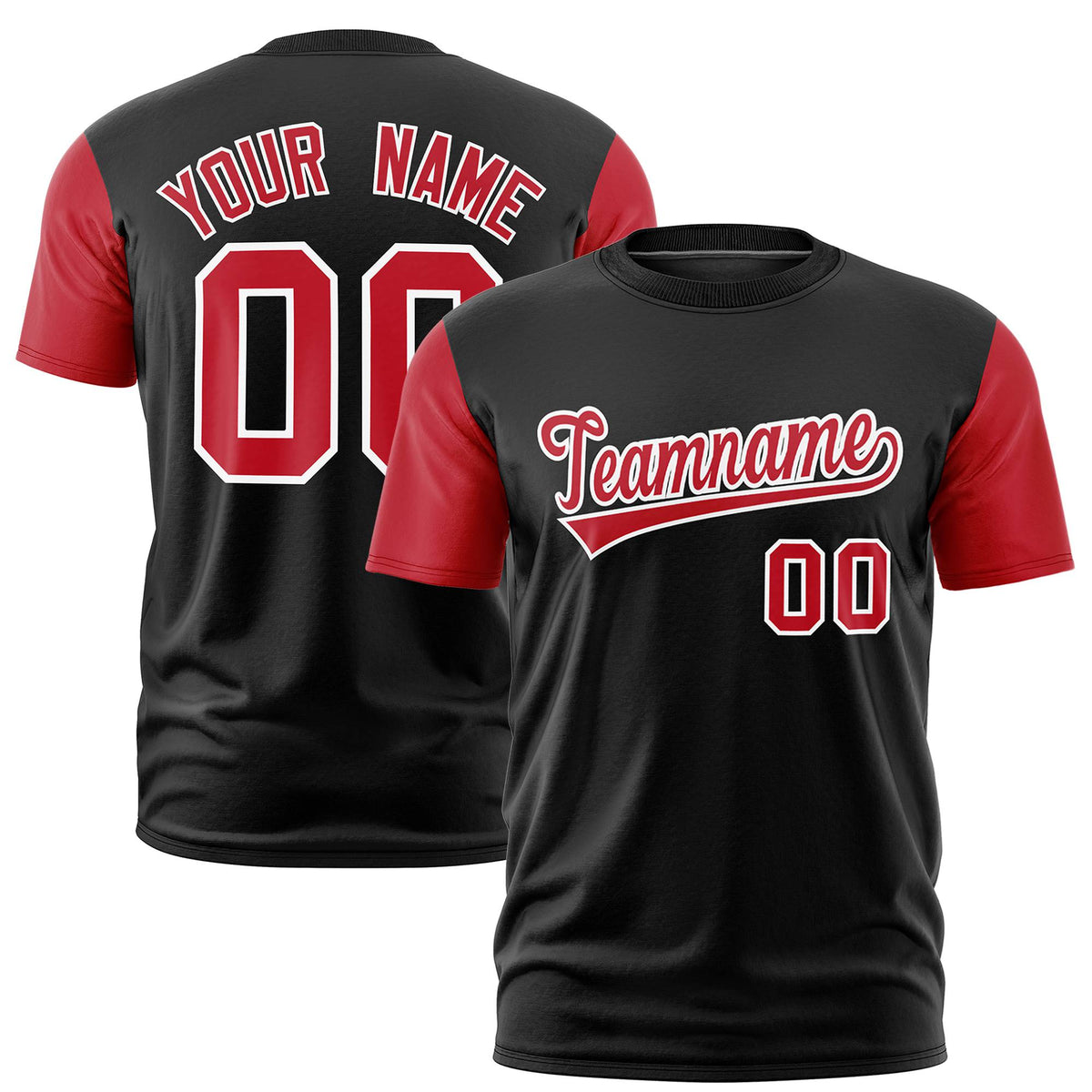 Custom Black Red White Crew Neck Personalized Raglan Sleeve Performance T-shirt