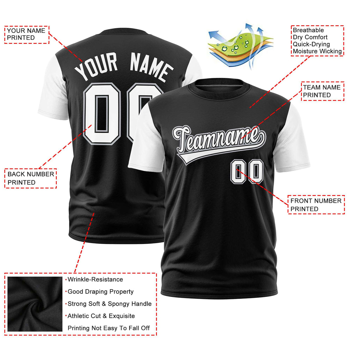 Custom Black White Crew Neck Personalized Raglan Sleeve Performance T-shirt