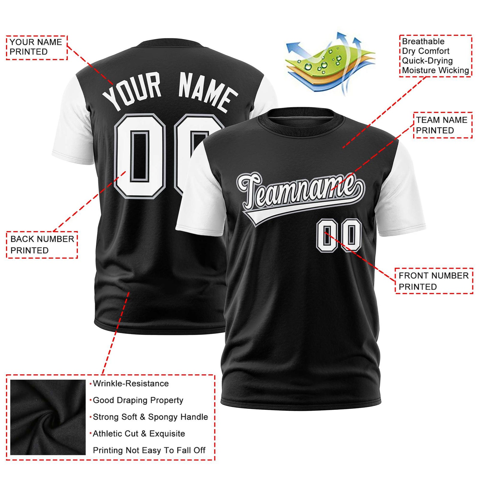 Custom Black White Crew Neck Personalized Raglan Sleeve Performance T-shirt