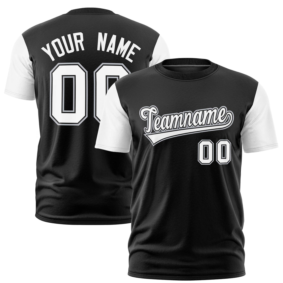 Custom Black White Crew Neck Personalized Raglan Sleeve Performance T-shirt