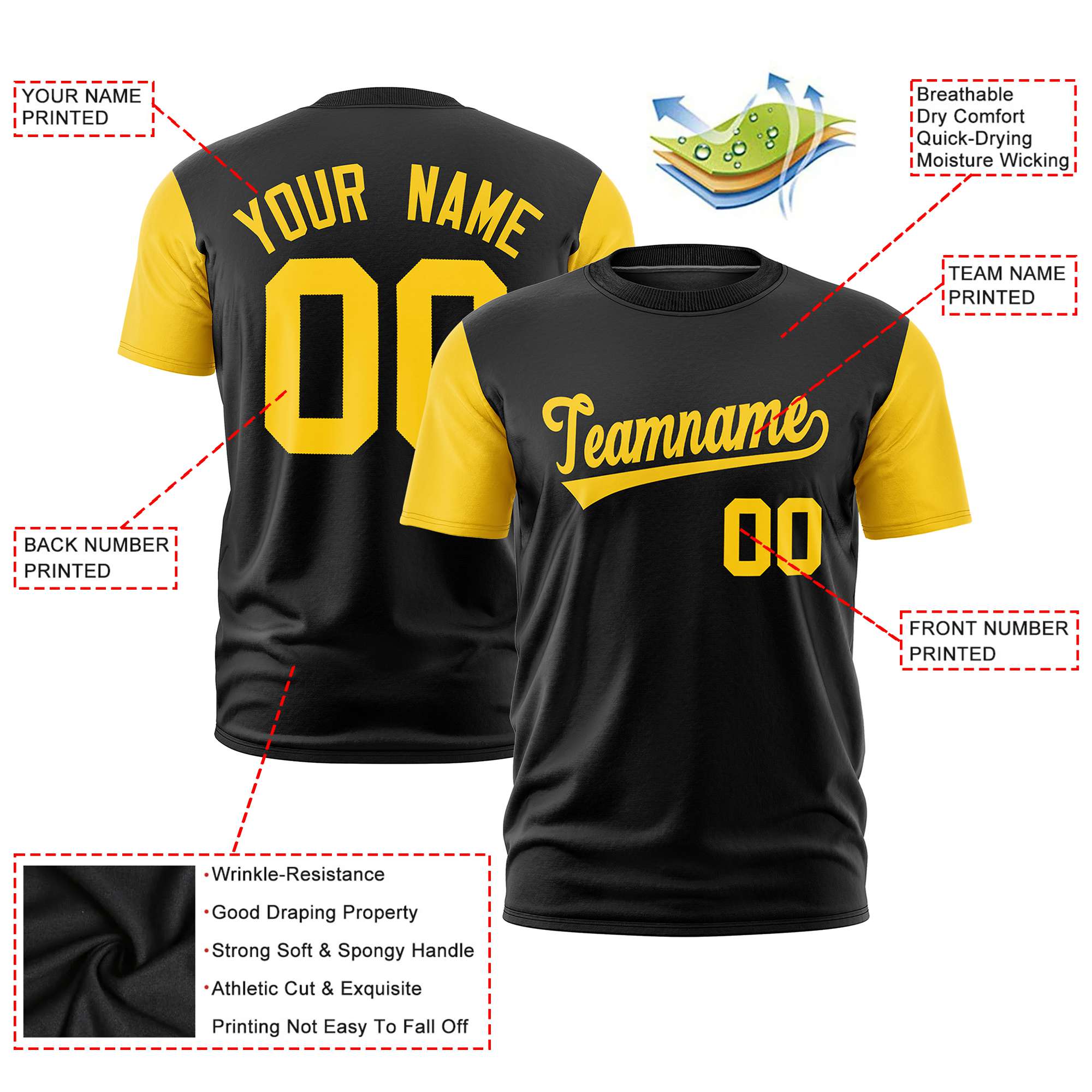 Custom Black Gold01 Crew Neck Personalized Raglan Sleeve Performance T-shirt