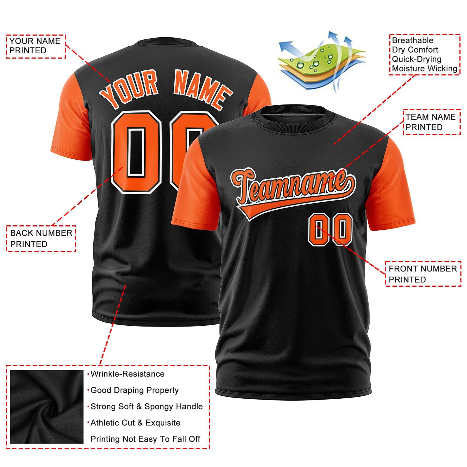 Custom Black Orange White Crew Neck Personalized Raglan Sleeve Performance T-shirt