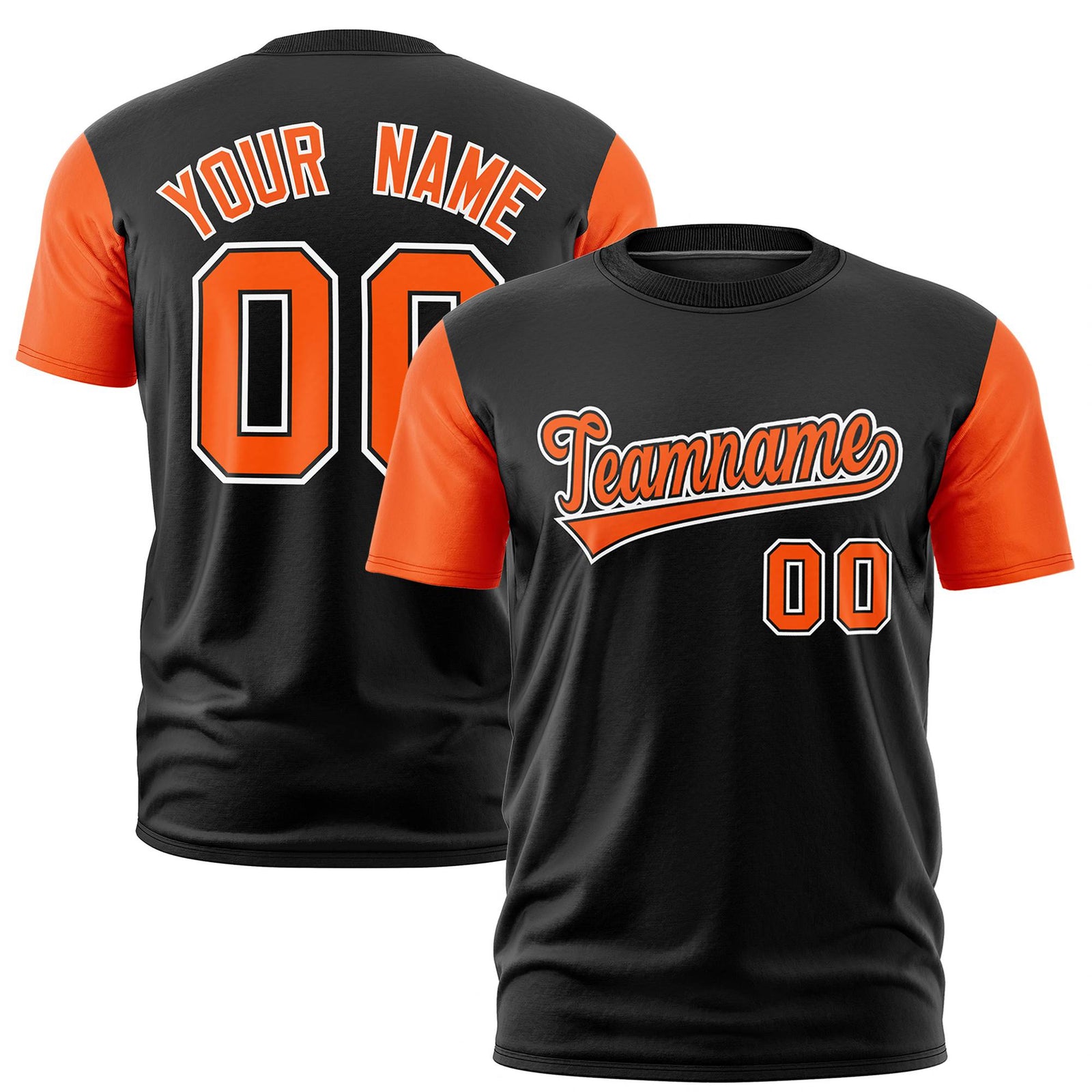 Custom Black Orange White Crew Neck Personalized Raglan Sleeve Performance T-shirt