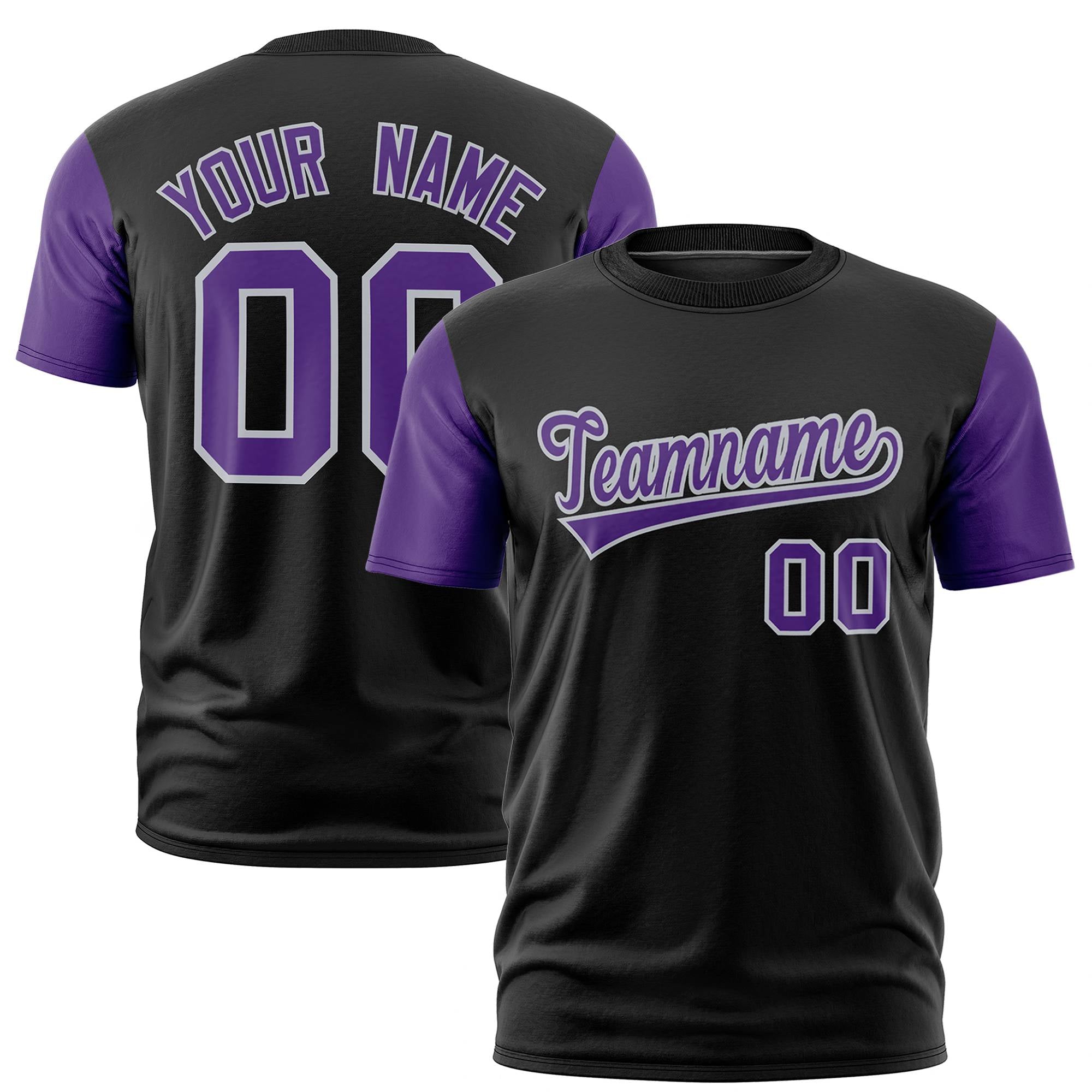 Custom Black Purple White Crew Neck Personalized Raglan Sleeve Performance T-shirt