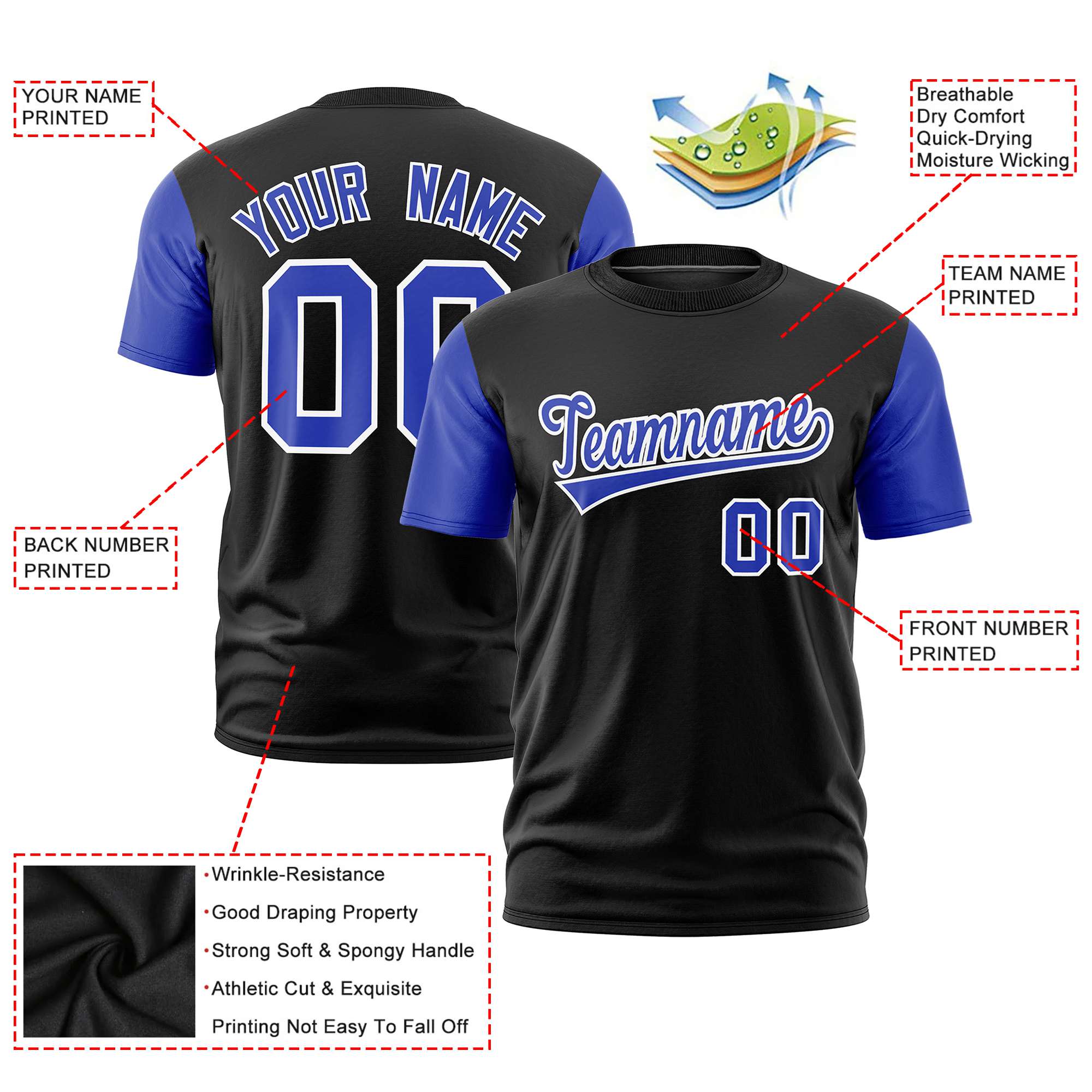 Custom Black Royal Blue White Crew Neck Personalized Raglan Sleeve Performance T-shirt