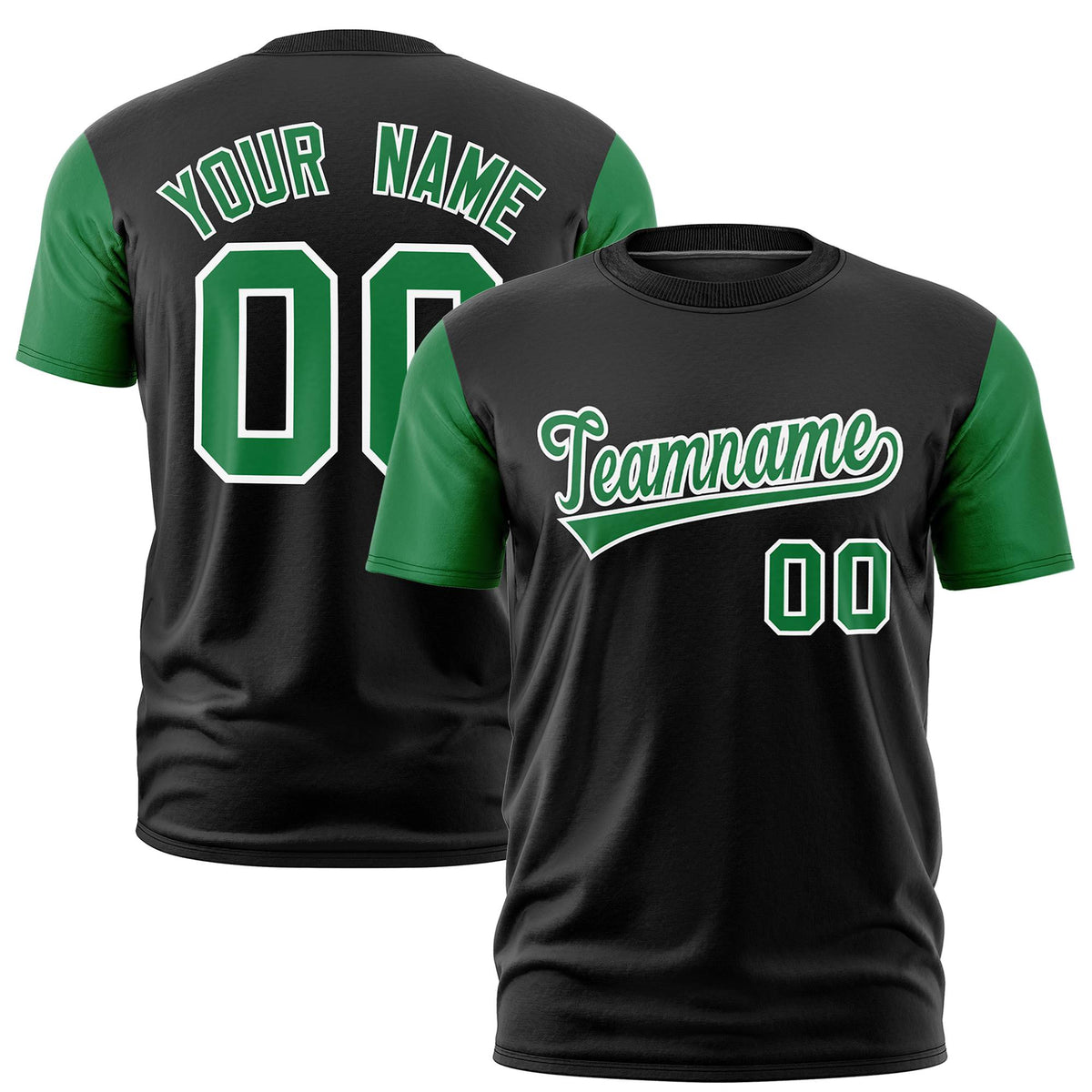 Custom Black Kelly Green White Crew Neck Personalized Raglan Sleeve Performance T-shirt