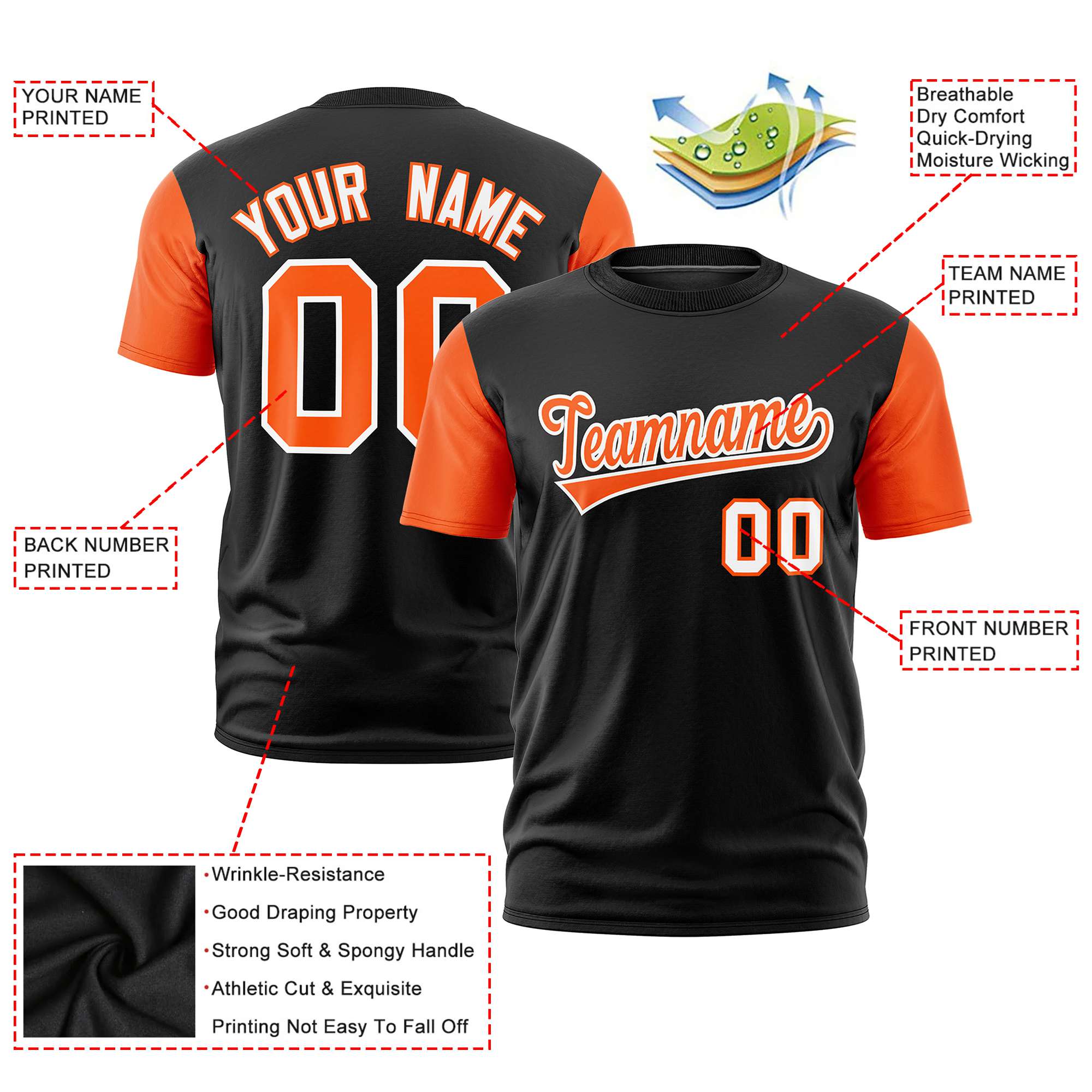 Custom Black Orange White Crew Neck Personalized Raglan Sleeve Performance T-shirt