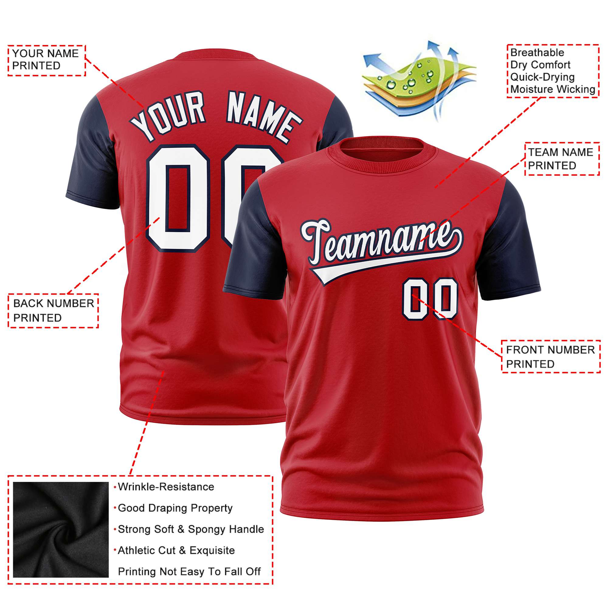 Custom Red Navy White Crew Neck Personalized Raglan Sleeve Performance T-shirt