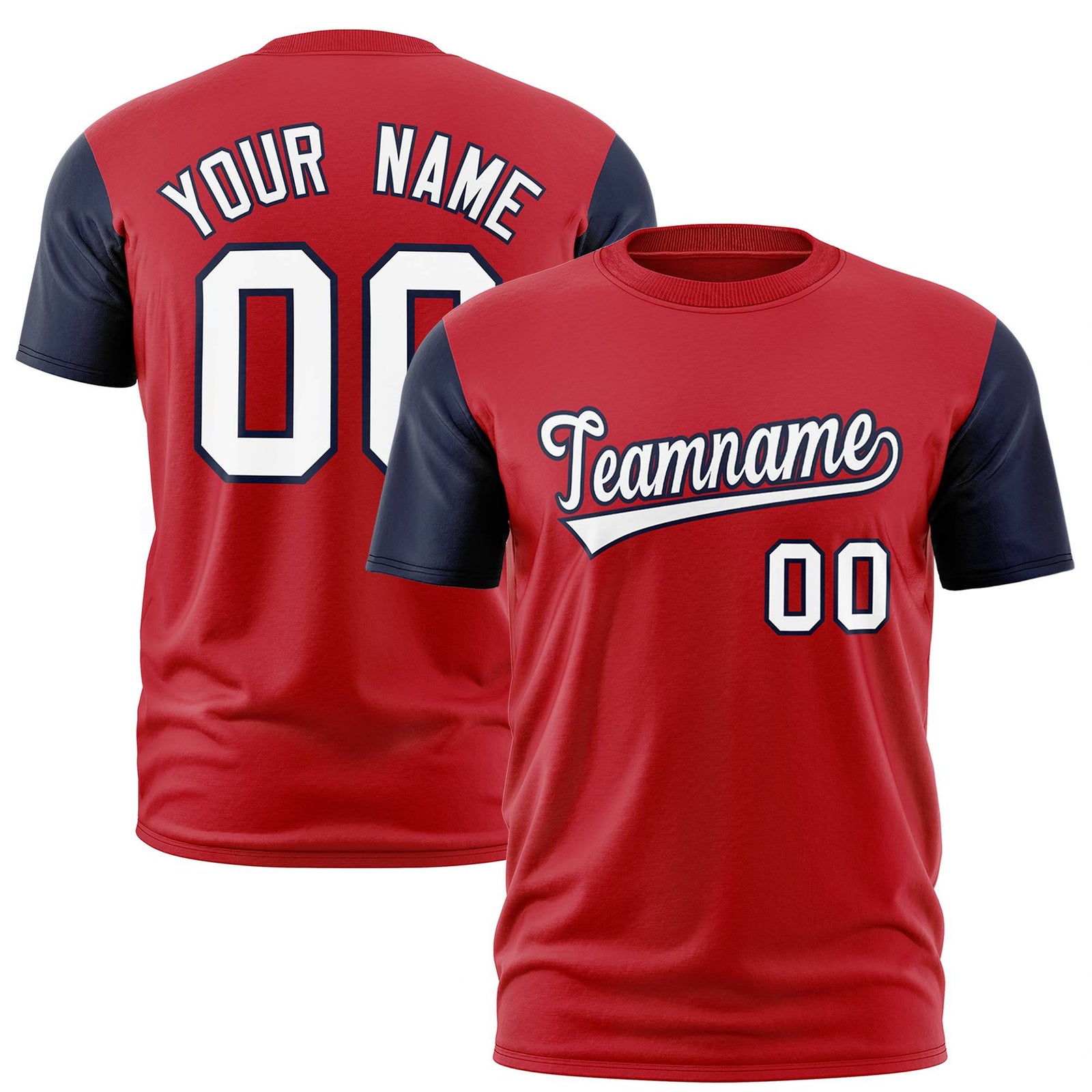 Custom Red Navy White Crew Neck Personalized Raglan Sleeve Performance T-shirt