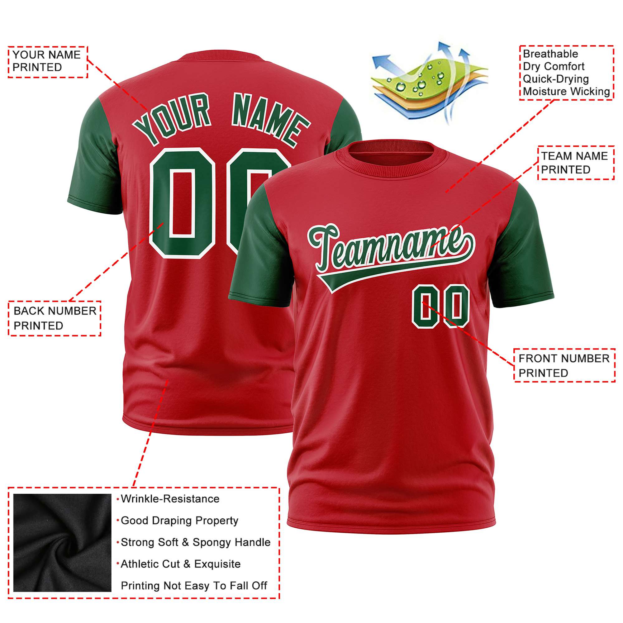 Custom Red Green White Crew Neck Personalized Raglan Sleeve Performance T-shirt