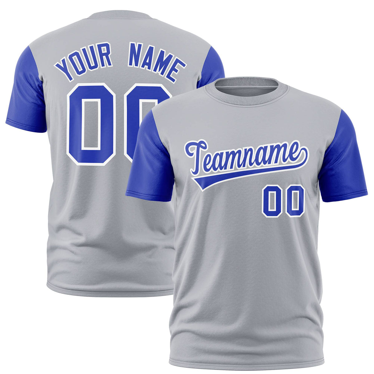 Custom Gray Royal Blue White Crew Neck Personalized Raglan Sleeve Performance T-shirt