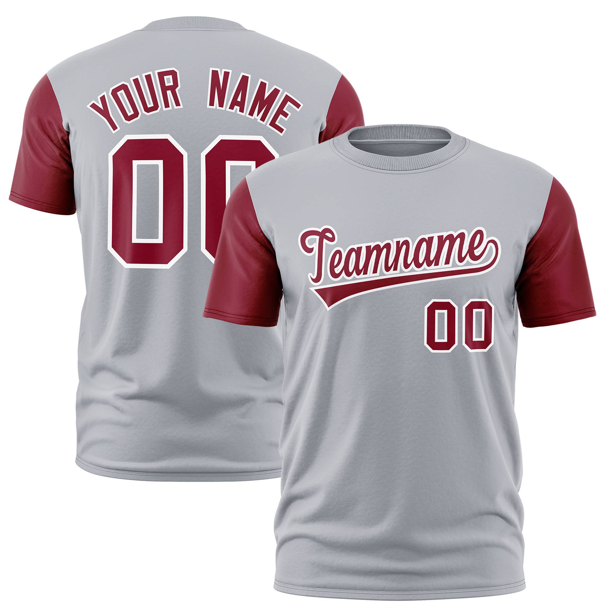 Custom Gray Crimson White Crew Neck Personalized Raglan Sleeve Performance T-shirt