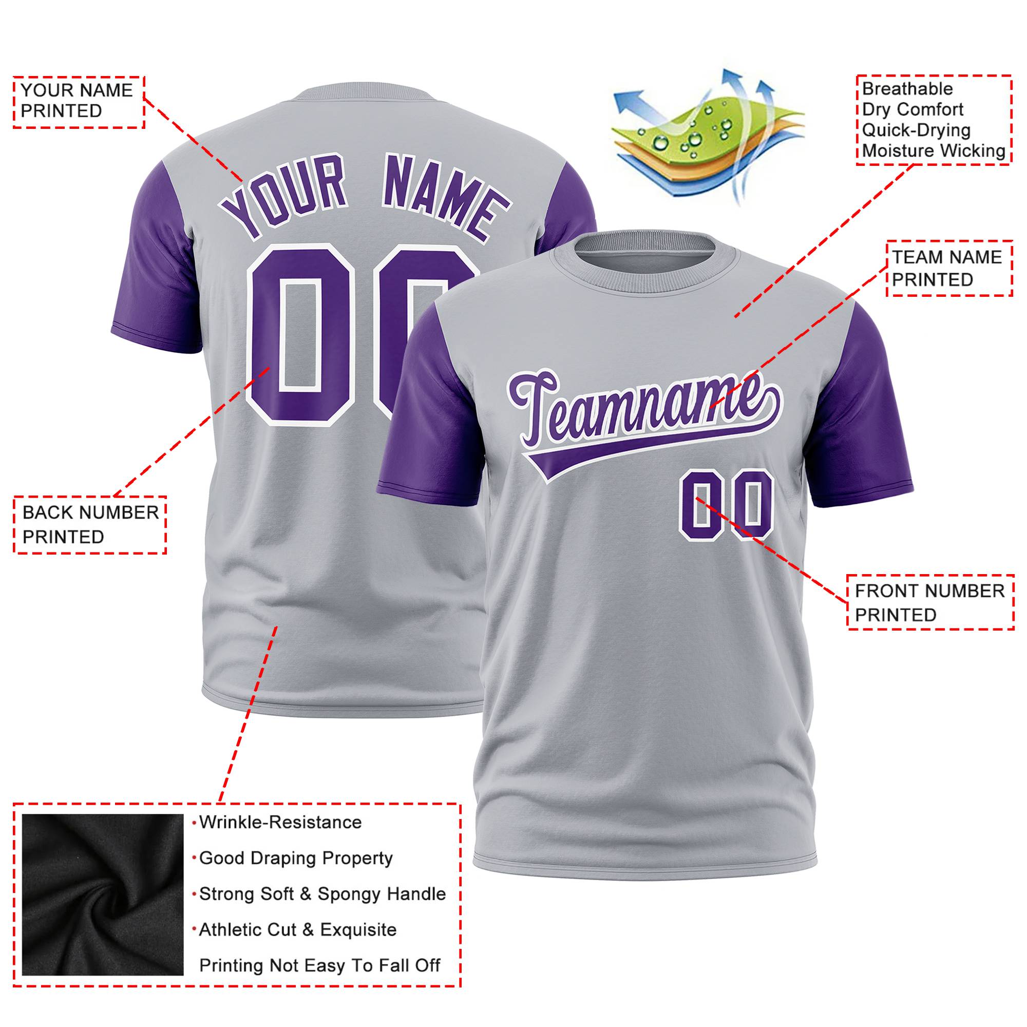 Custom Gray Purple White Crew Neck Personalized Raglan Sleeve Performance T-shirt