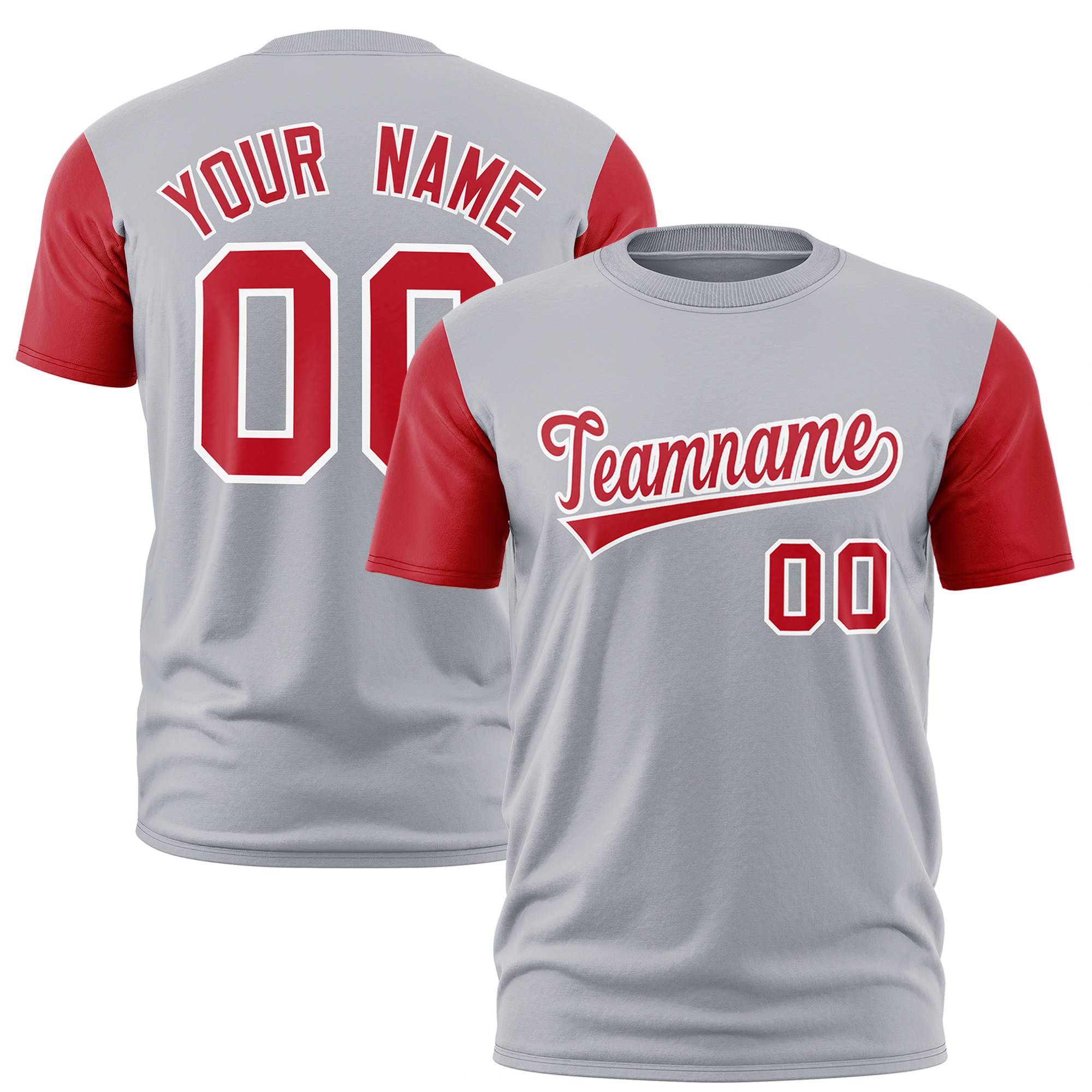 Custom Gray Red White Crew Neck Personalized Raglan Sleeve Performance T-shirt