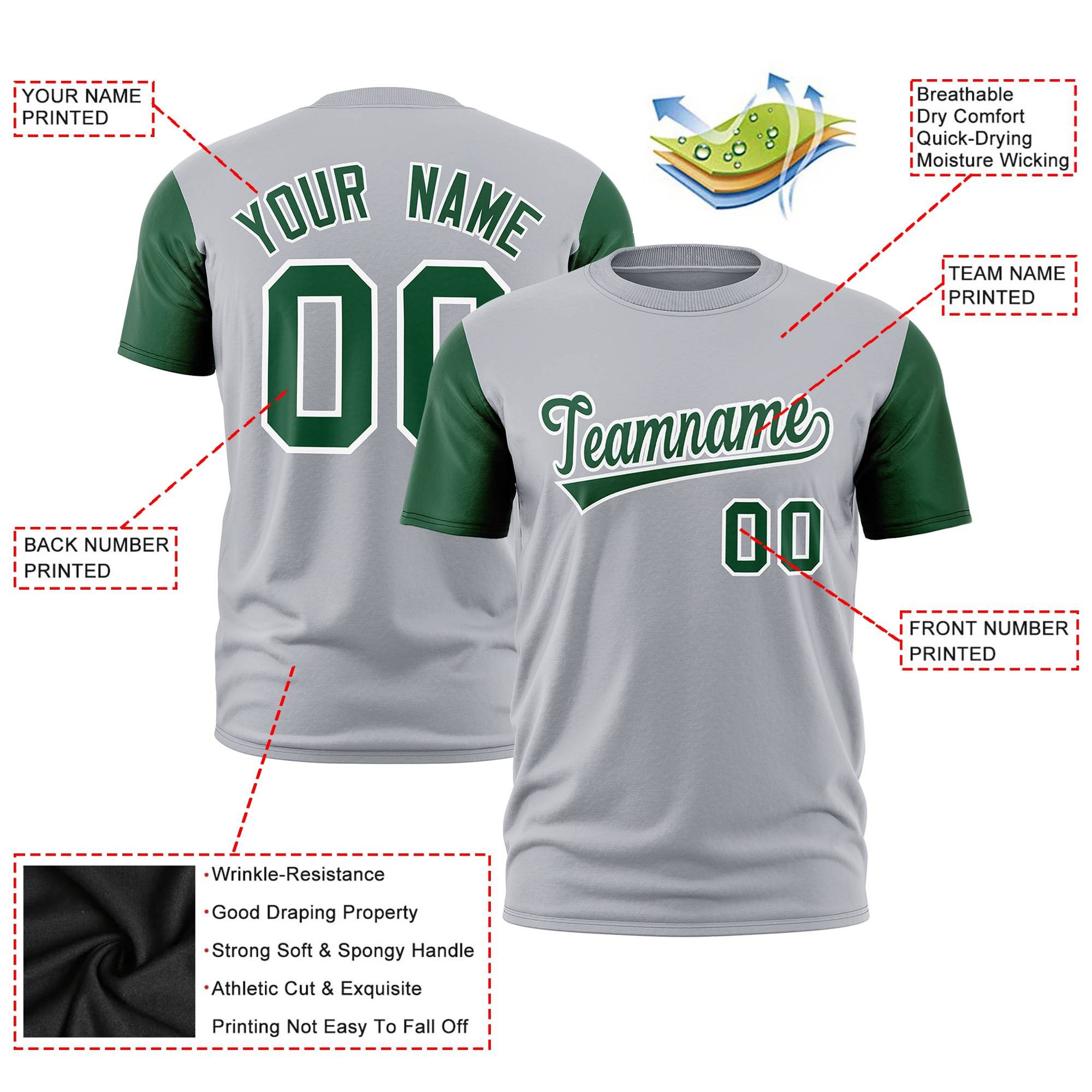 Custom Gray Kelly Green White Crew Neck Personalized Raglan Sleeve Performance T-shirt