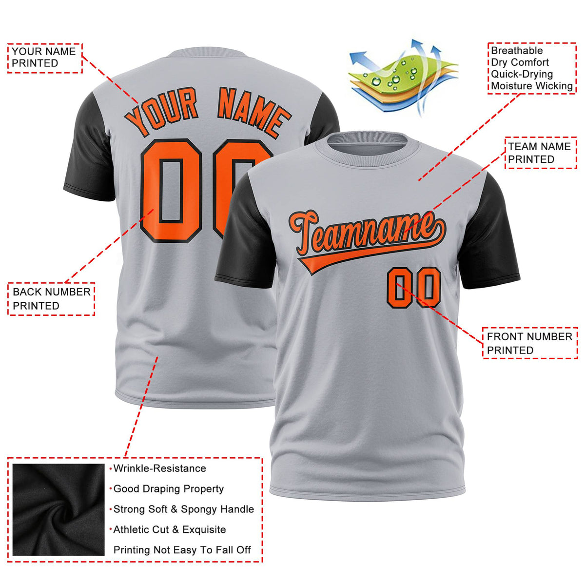 Custom Gray Orange White Crew Neck Personalized Raglan Sleeve Performance T-shirt