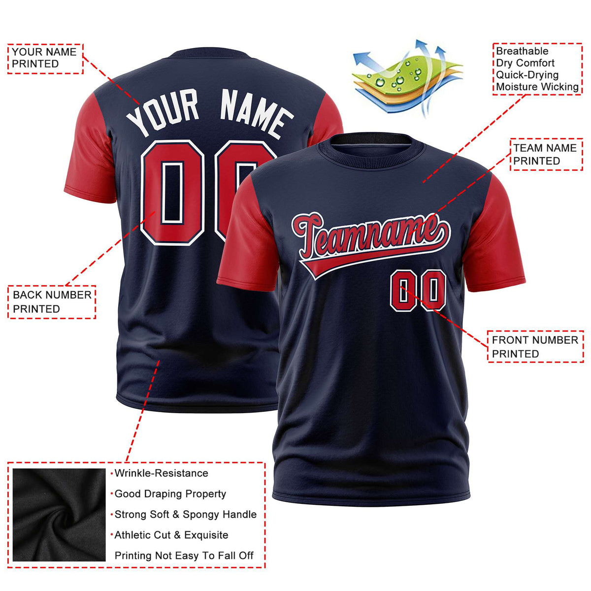 Custom Navy Red White Crew Neck Personalized Raglan Sleeve Performance T-shirt