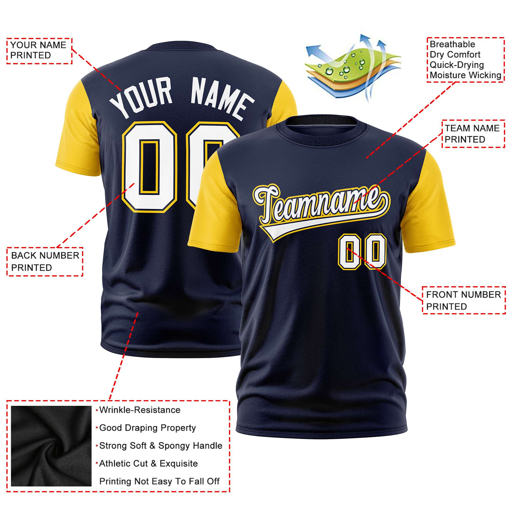 Custom Navy Gold01 White Crew Neck Personalized Raglan Sleeve Performance T-shirt