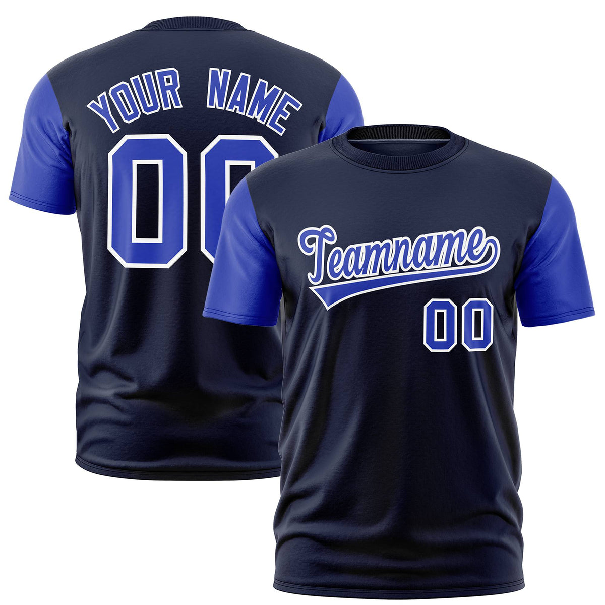 Custom Navy Royal Blue White Crew Neck Personalized Raglan Sleeve Performance T-shirt