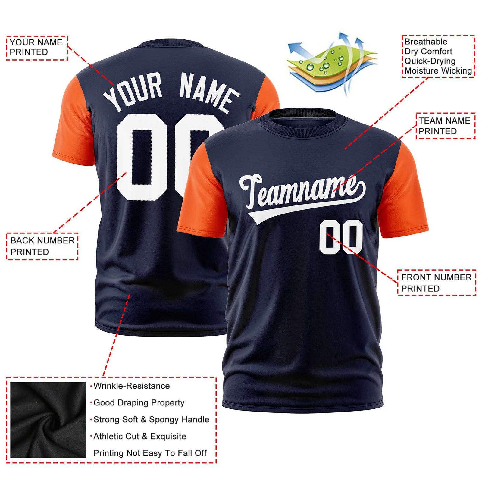 Custom Navy Orange White Crew Neck Personalized Raglan Sleeve Performance T-shirt