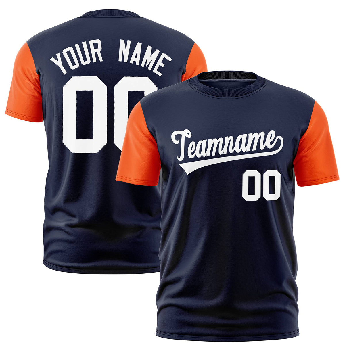 Custom Navy Orange White Crew Neck Personalized Raglan Sleeve Performance T-shirt