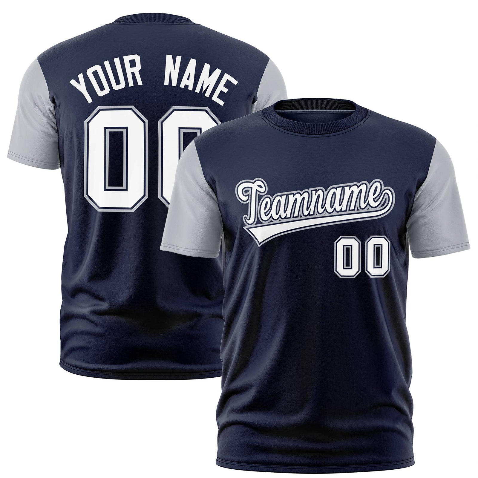 Custom Navy Gray White Crew Neck Personalized Raglan Sleeve Performance T-shirt