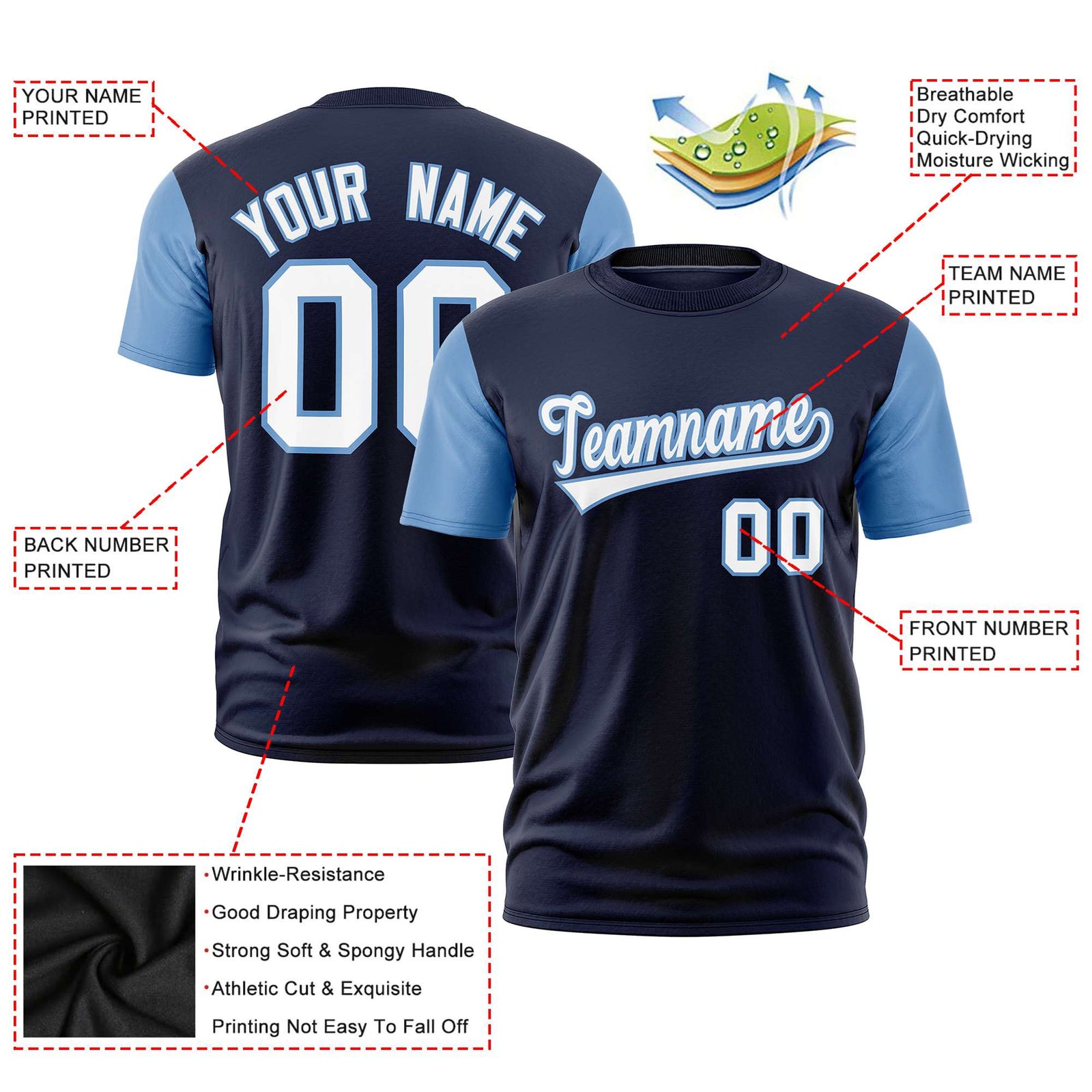 Custom Navy Light Blue White Crew Neck Personalized Raglan Sleeve Performance T-shirt