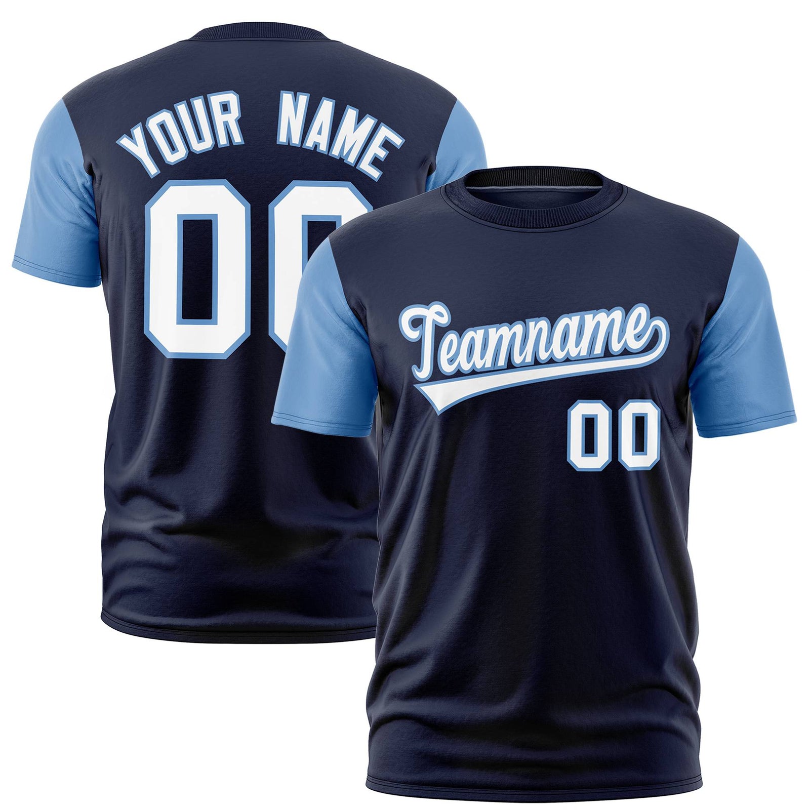 Custom Navy Light Blue White Crew Neck Personalized Raglan Sleeve Performance T-shirt
