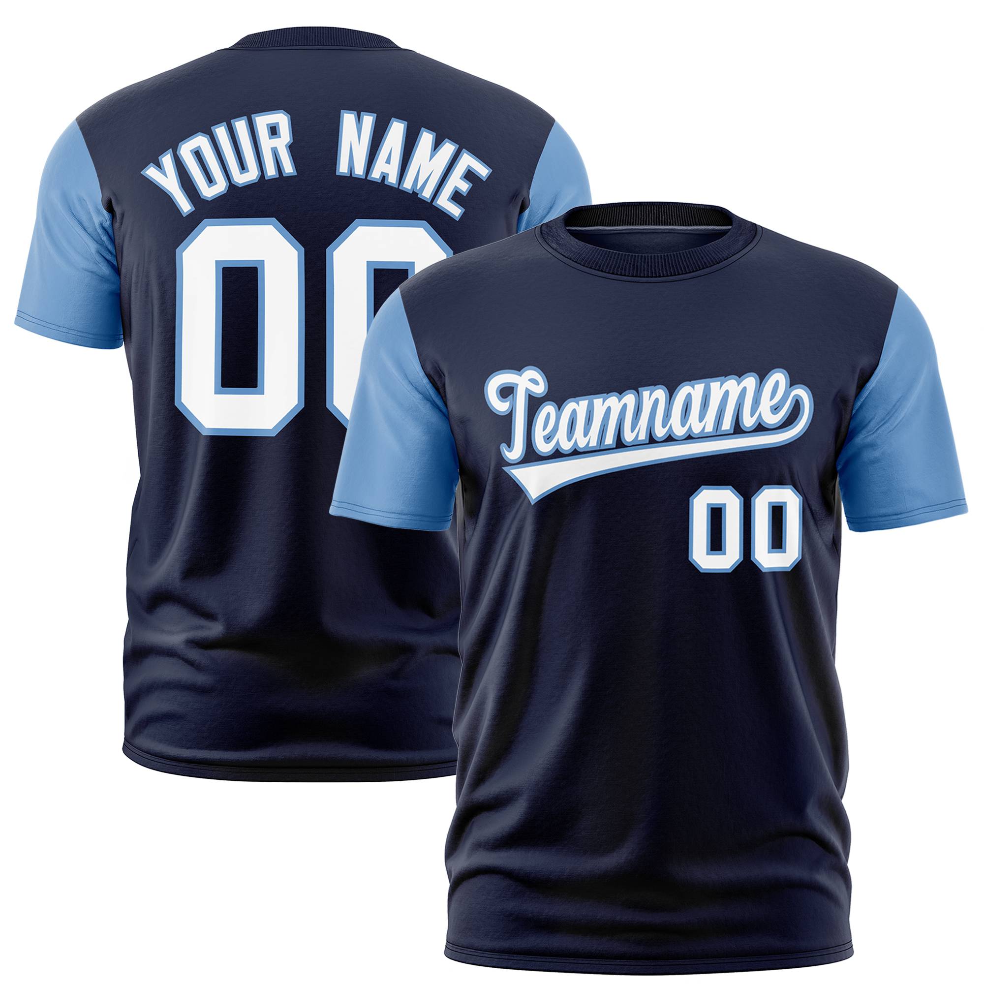 Custom Navy Light Blue White Crew Neck Personalized Raglan Sleeve Performance T-shirt