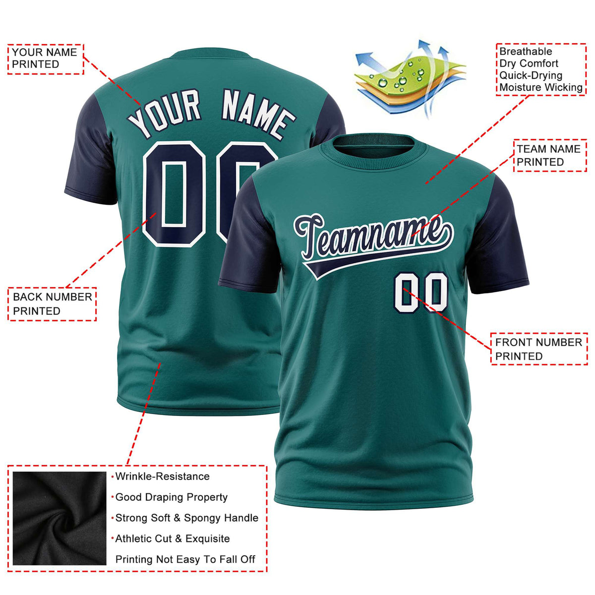 Custom Midnight Green Navy White Crew Neck Personalized Raglan Sleeve Performance T-shirt