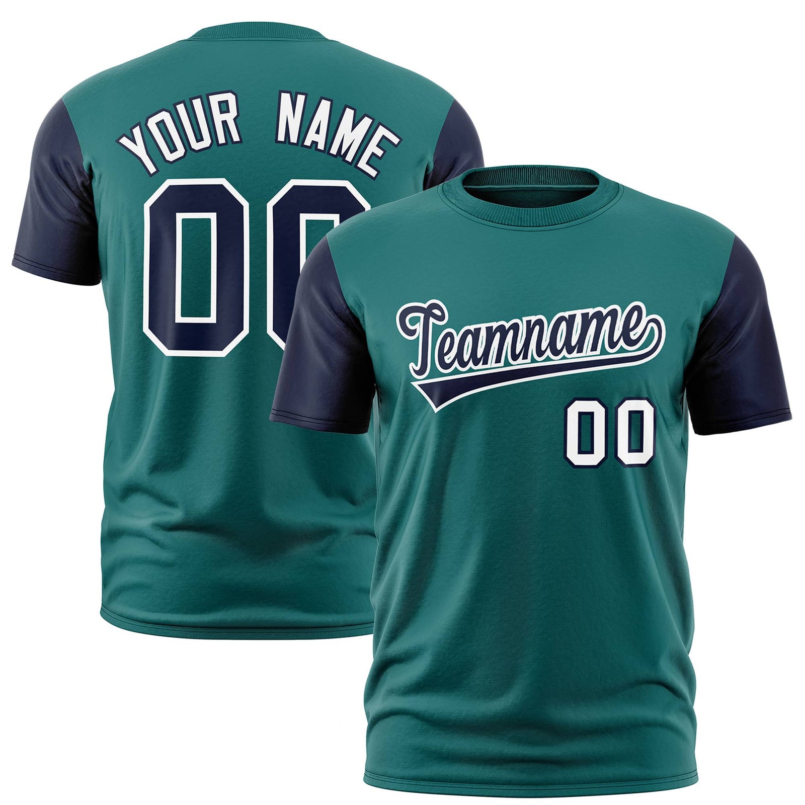 Custom Midnight Green Navy White Crew Neck Personalized Raglan Sleeve Performance T-shirt