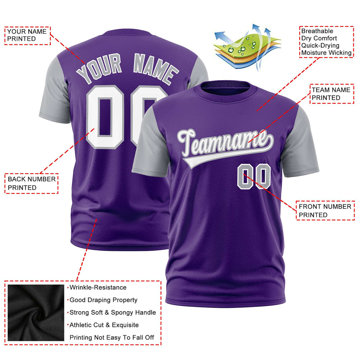 Custom Purple Gray White Crew Neck Personalized Raglan Sleeve Performance T-shirt