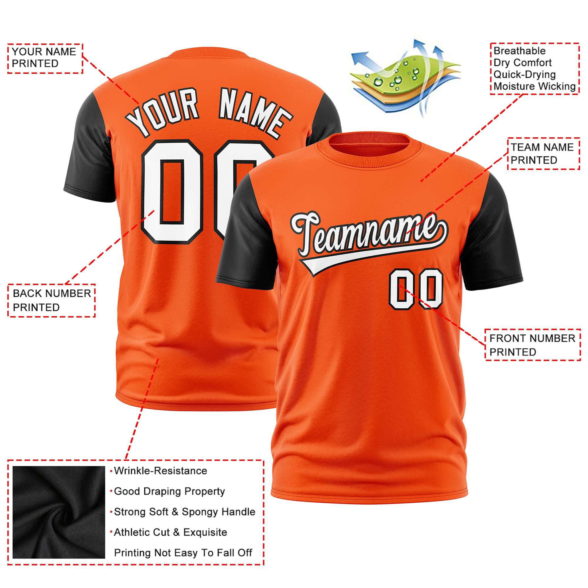 Custom Orange Black White Crew Neck Personalized Raglan Sleeve Performance T-shirt