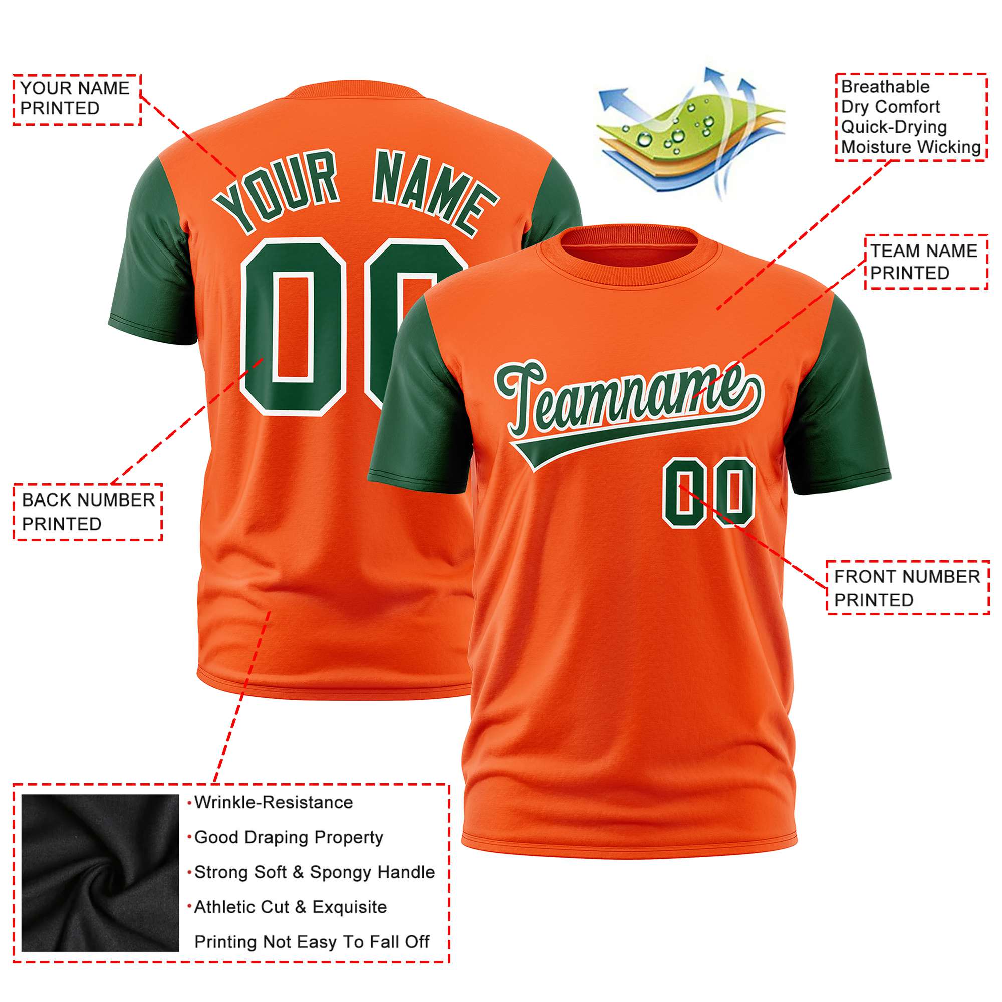 Custom Orange Green White Crew Neck Personalized Raglan Sleeve Performance T-shirt