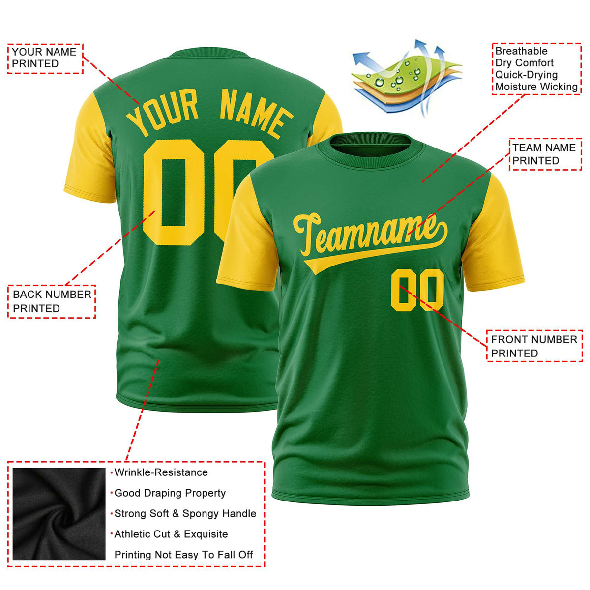 Custom Kelly Green Gold01 Crew Neck Personalized Raglan Sleeve Performance T-shirt