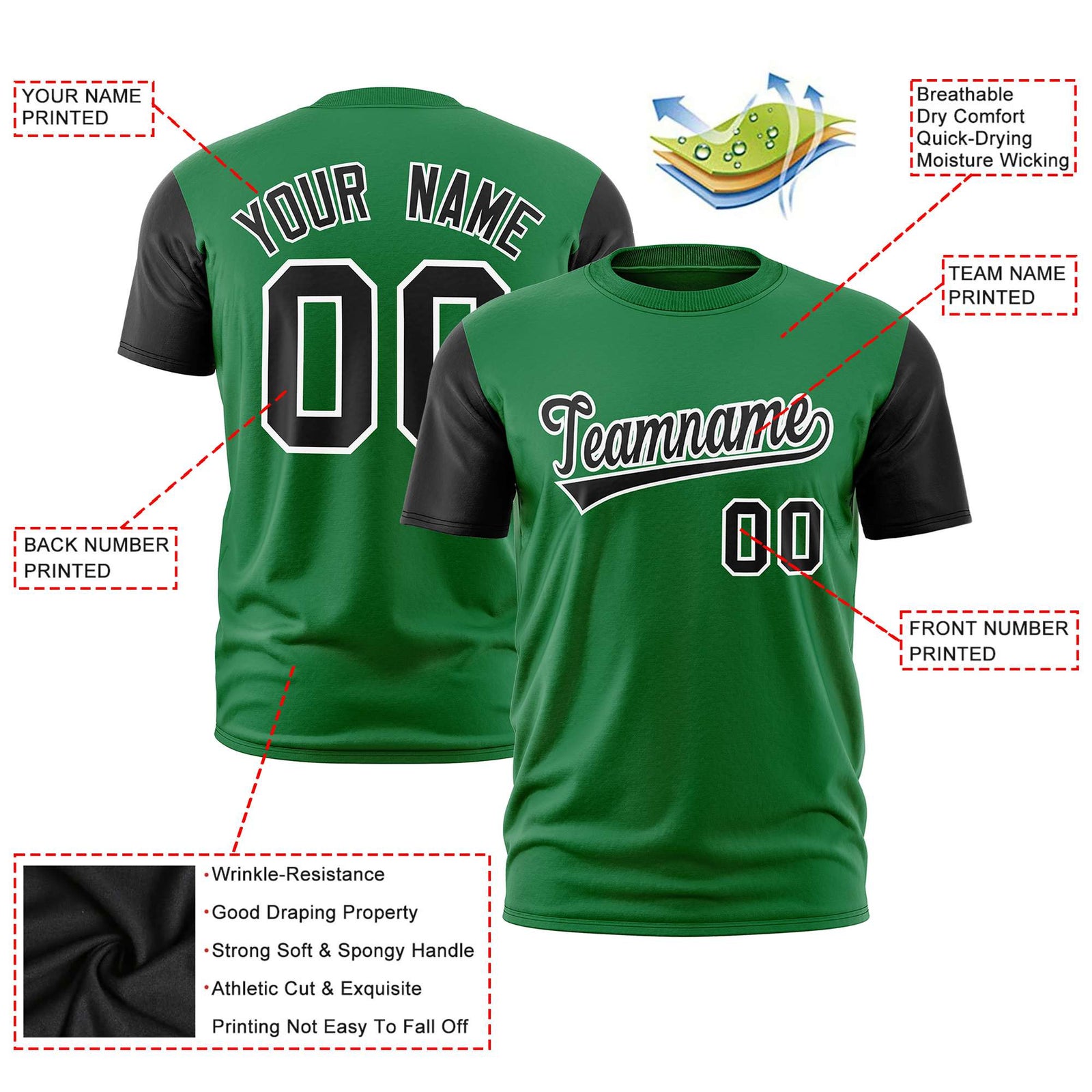 Custom Kelly Green Black White Crew Neck Personalized Raglan Sleeve Performance T-shirt