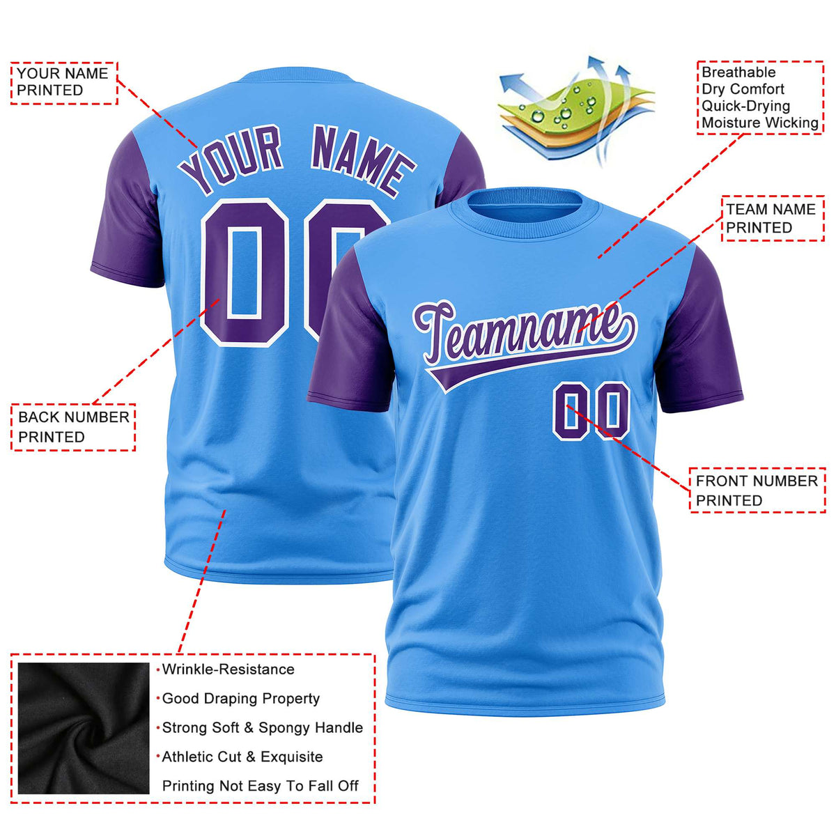 Custom Powder Blue Purple White Crew Neck Personalized Raglan Sleeve Performance T-shirt