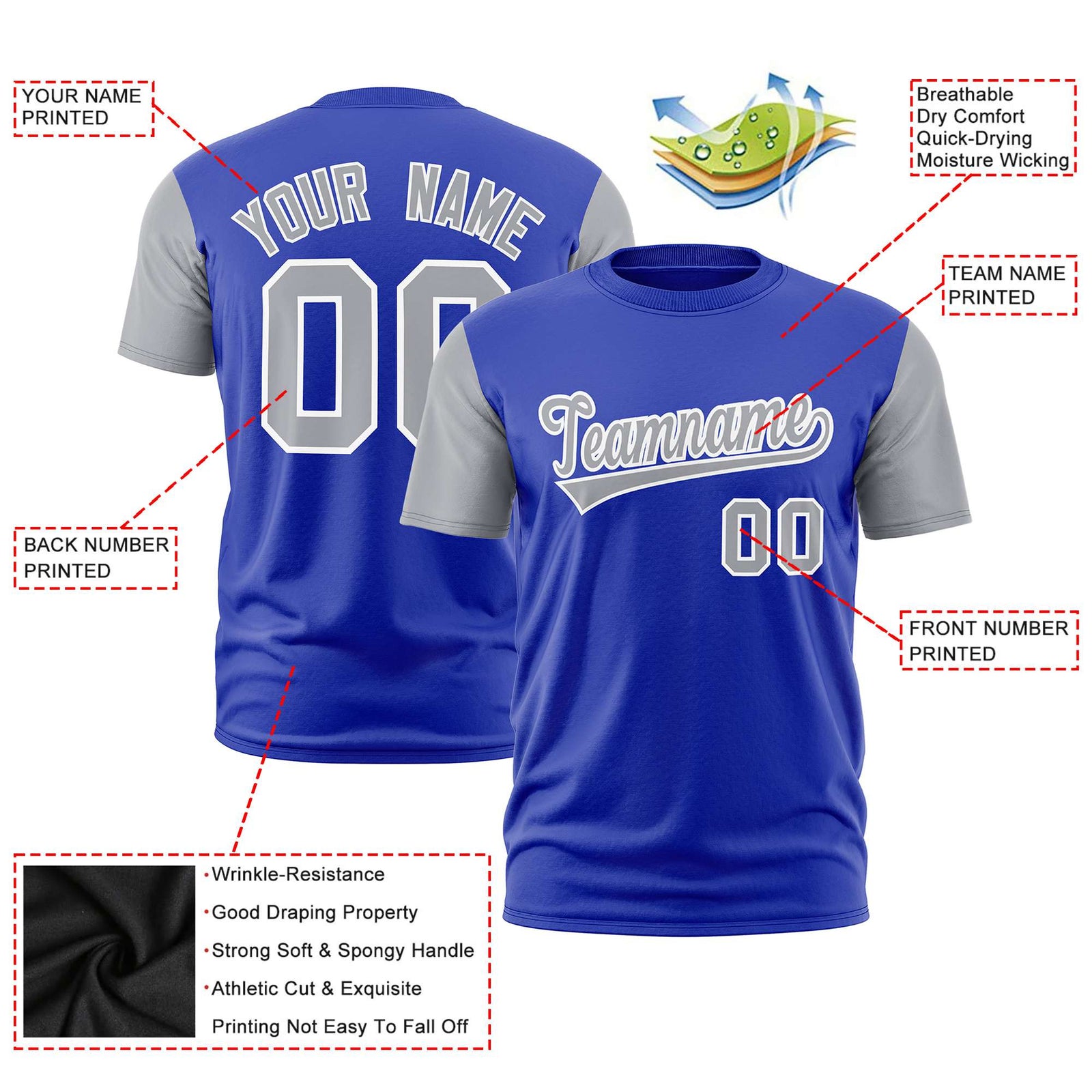 Custom Royal Blue Gray White Crew Neck Personalized Raglan Sleeve Performance T-shirt