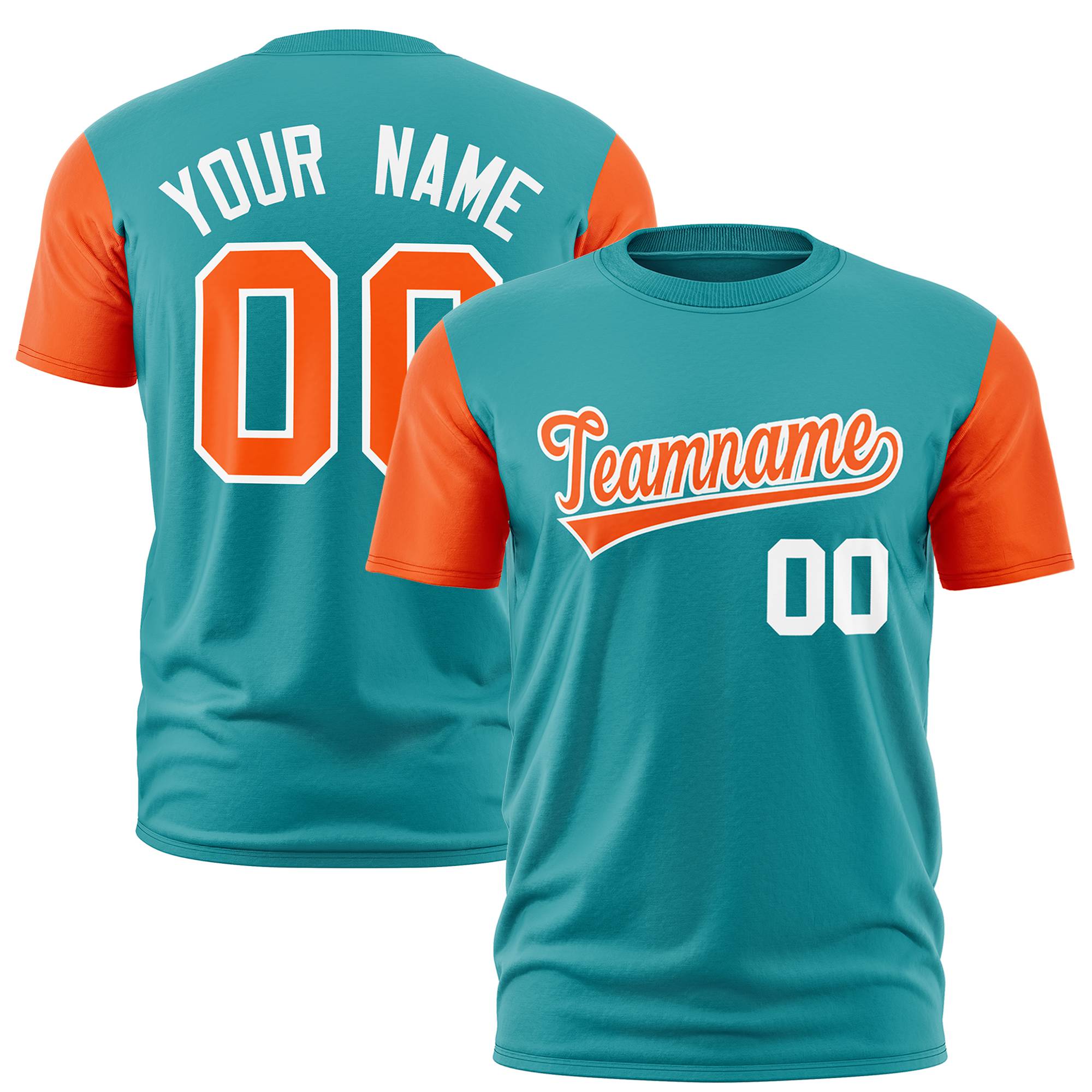 Custom Aqua Orange White Crew Neck Personalized Raglan Sleeve Performance T-shirt