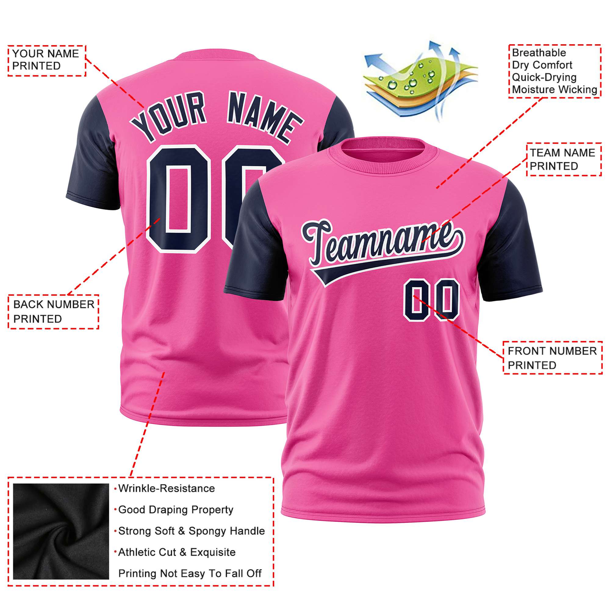 Custom Pink Navy White Crew Neck Personalized Raglan Sleeve Performance T-shirt