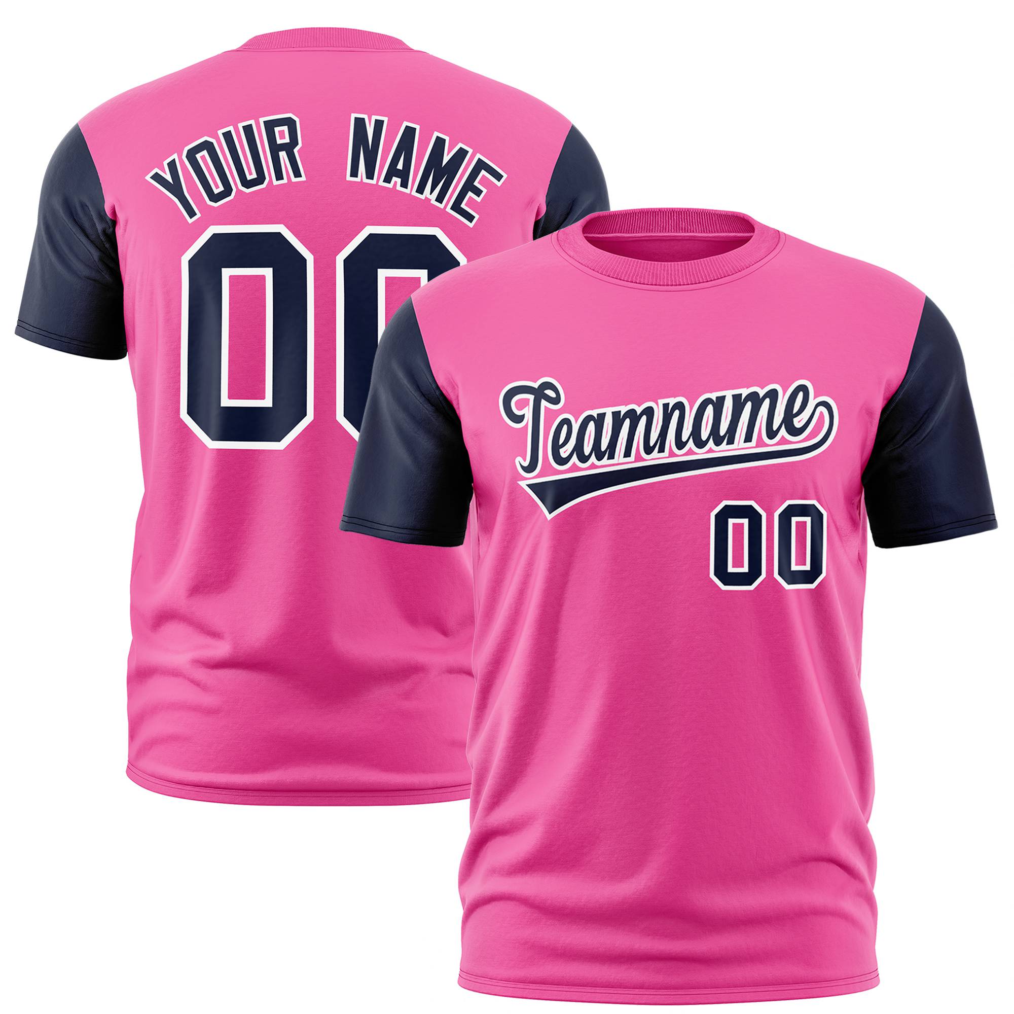 Custom Pink Navy White Crew Neck Personalized Raglan Sleeve Performance T-shirt