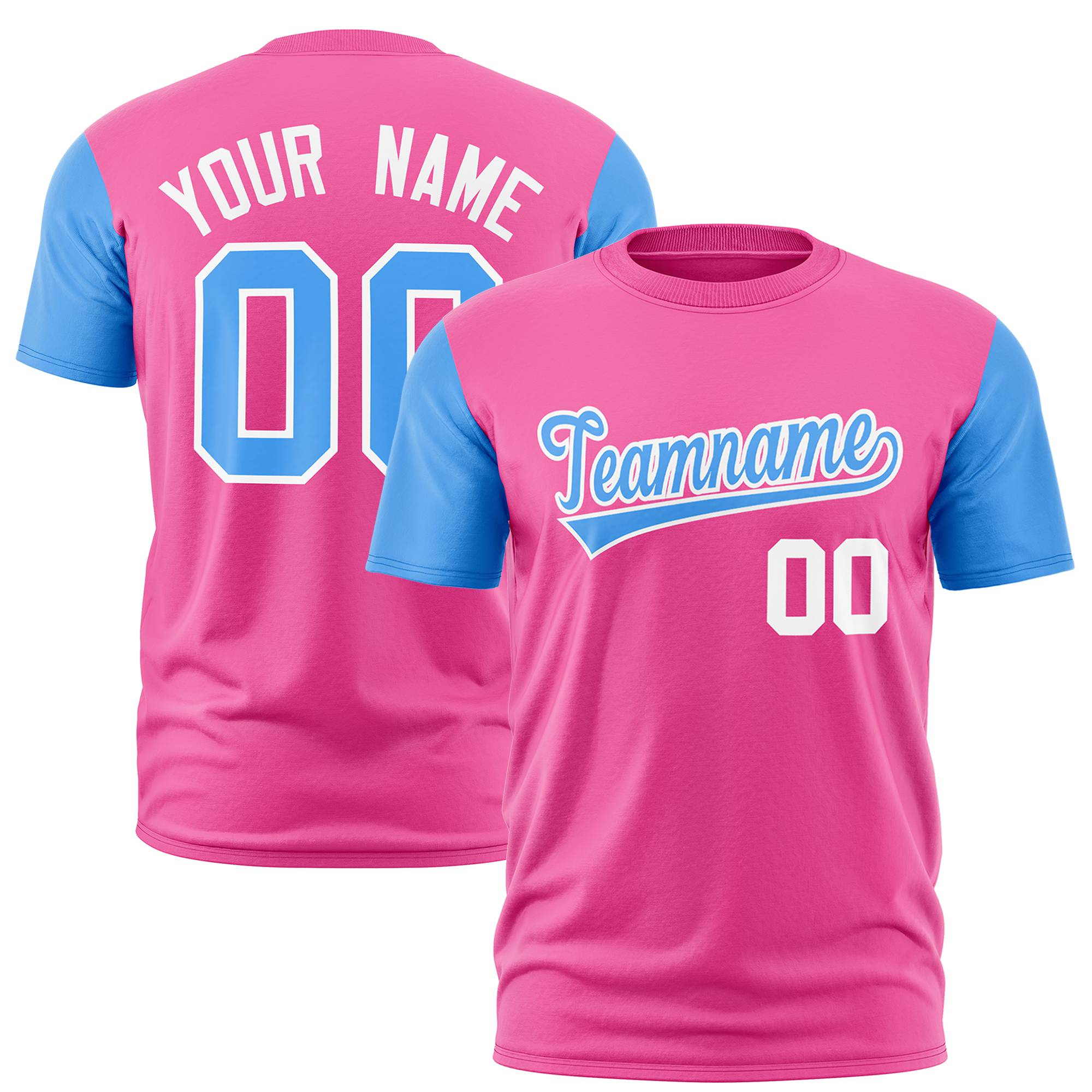 Custom Pink Powder Blue White Crew Neck Personalized Raglan Sleeve Performance T-shirt