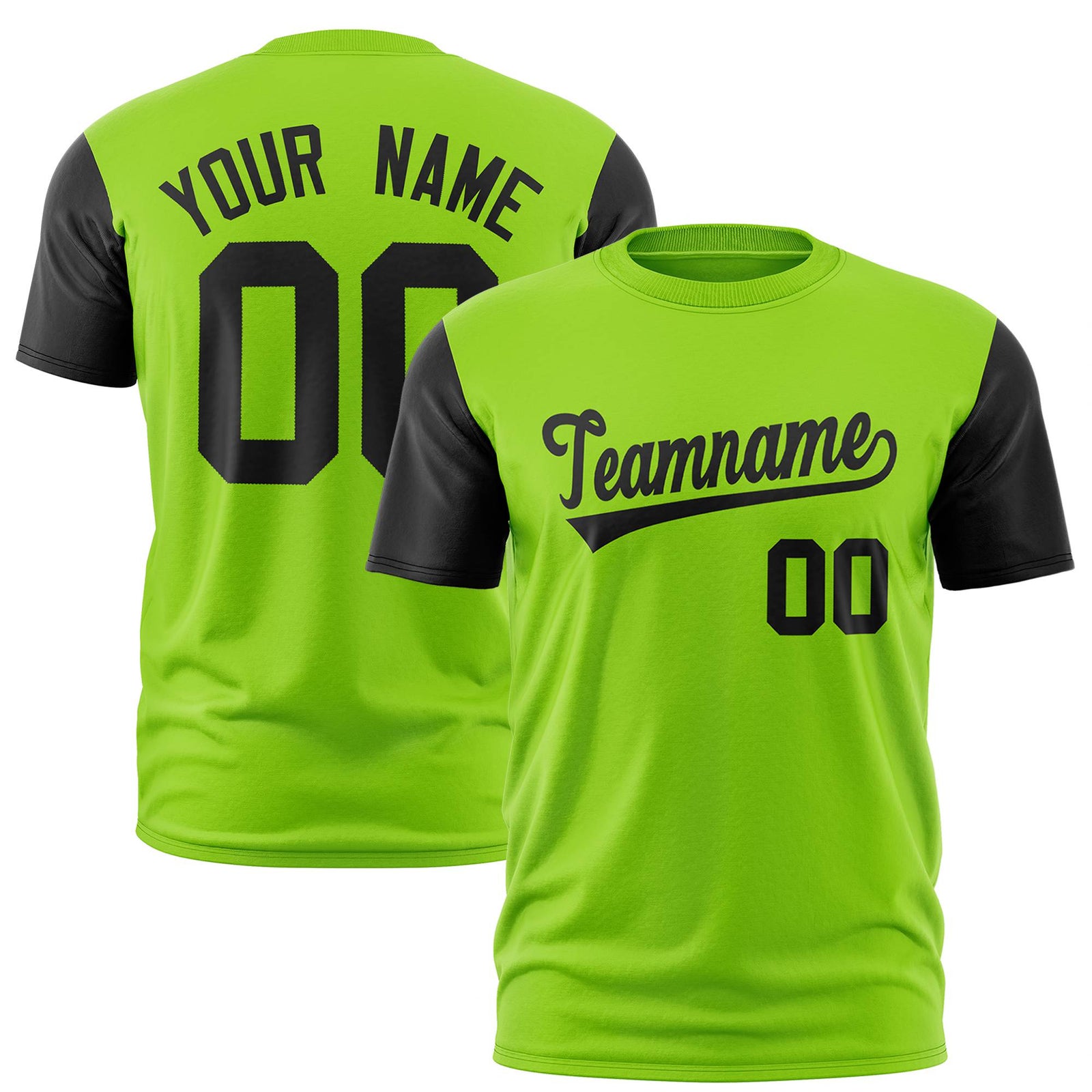 Custom Neon Green Black Crew Neck Personalized Raglan Sleeve Performance T-shirt
