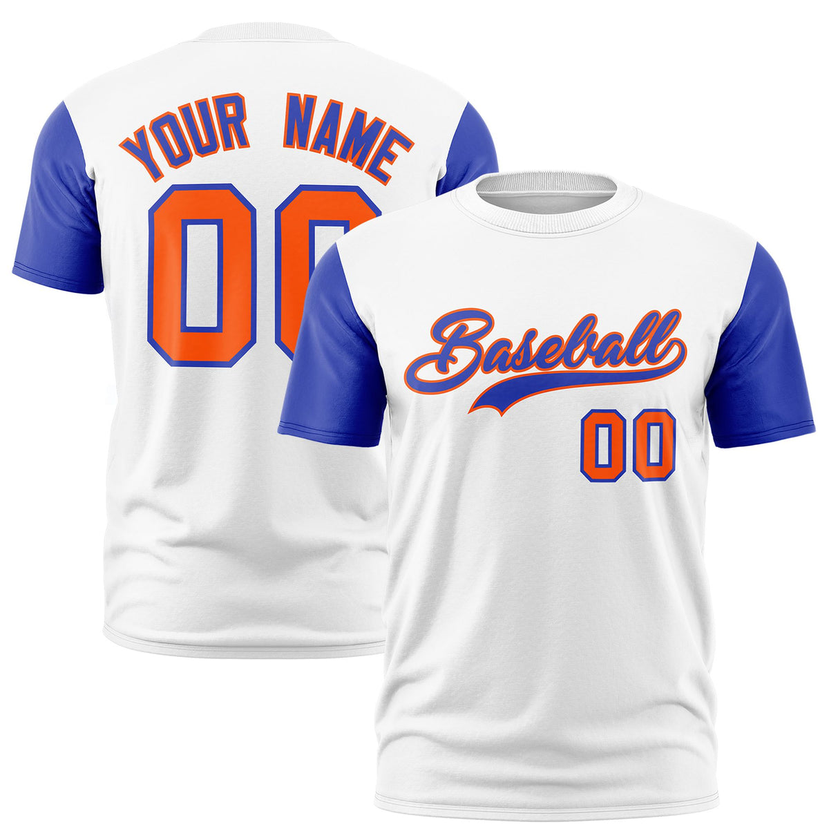Custom White Royal Blue Orange Crew Neck Personalized Raglan Sleeve Performance T-shirt