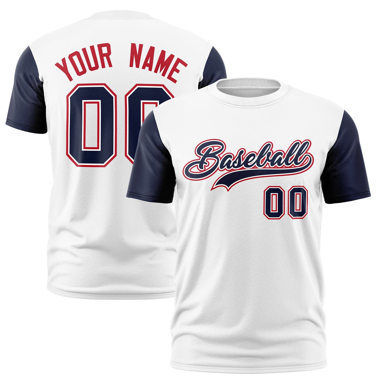 Custom White Navy Red Crew Neck Personalized Raglan Sleeve Performance T-shirt