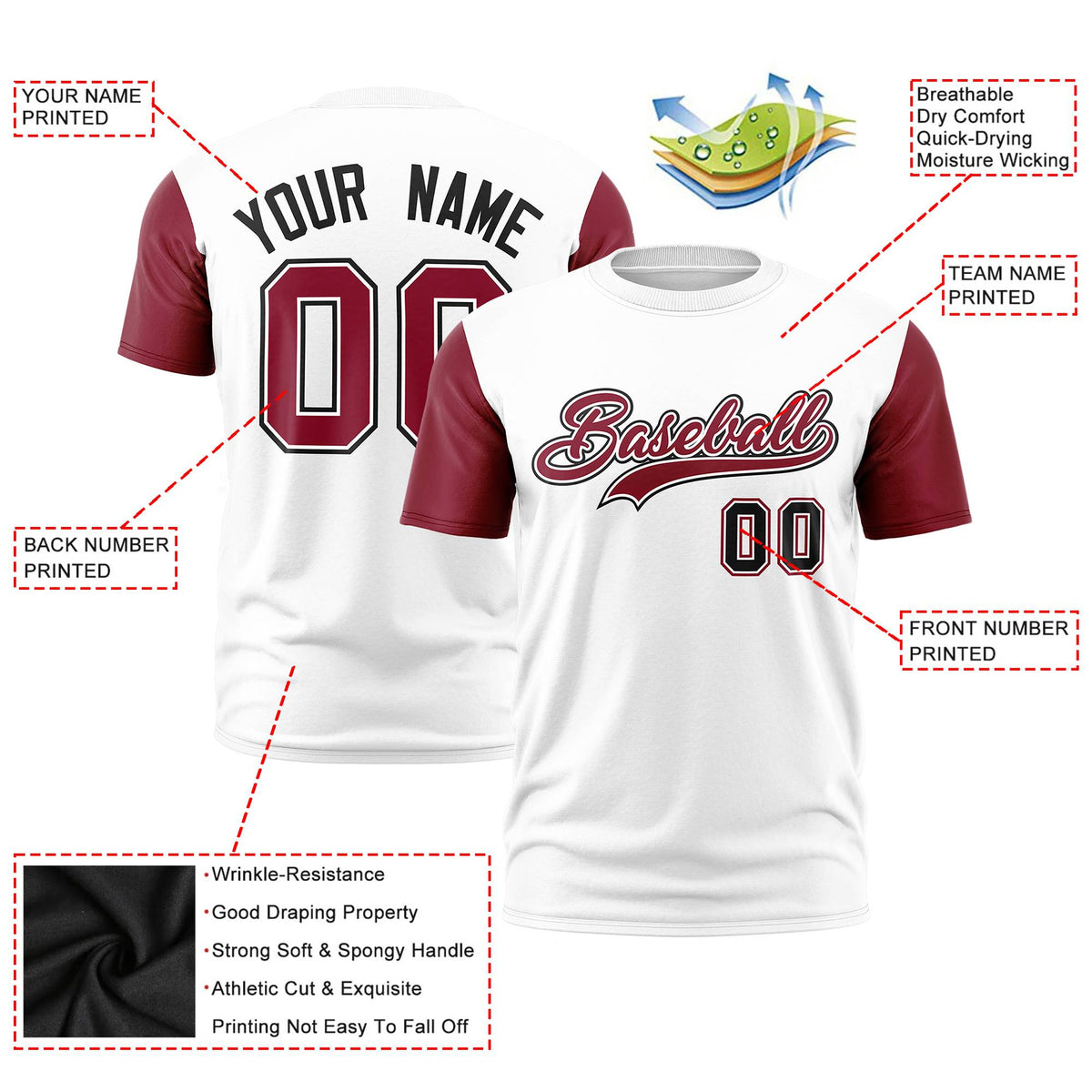 Custom White Crimson Black Crew Neck Personalized Raglan Sleeve Performance T-shirt
