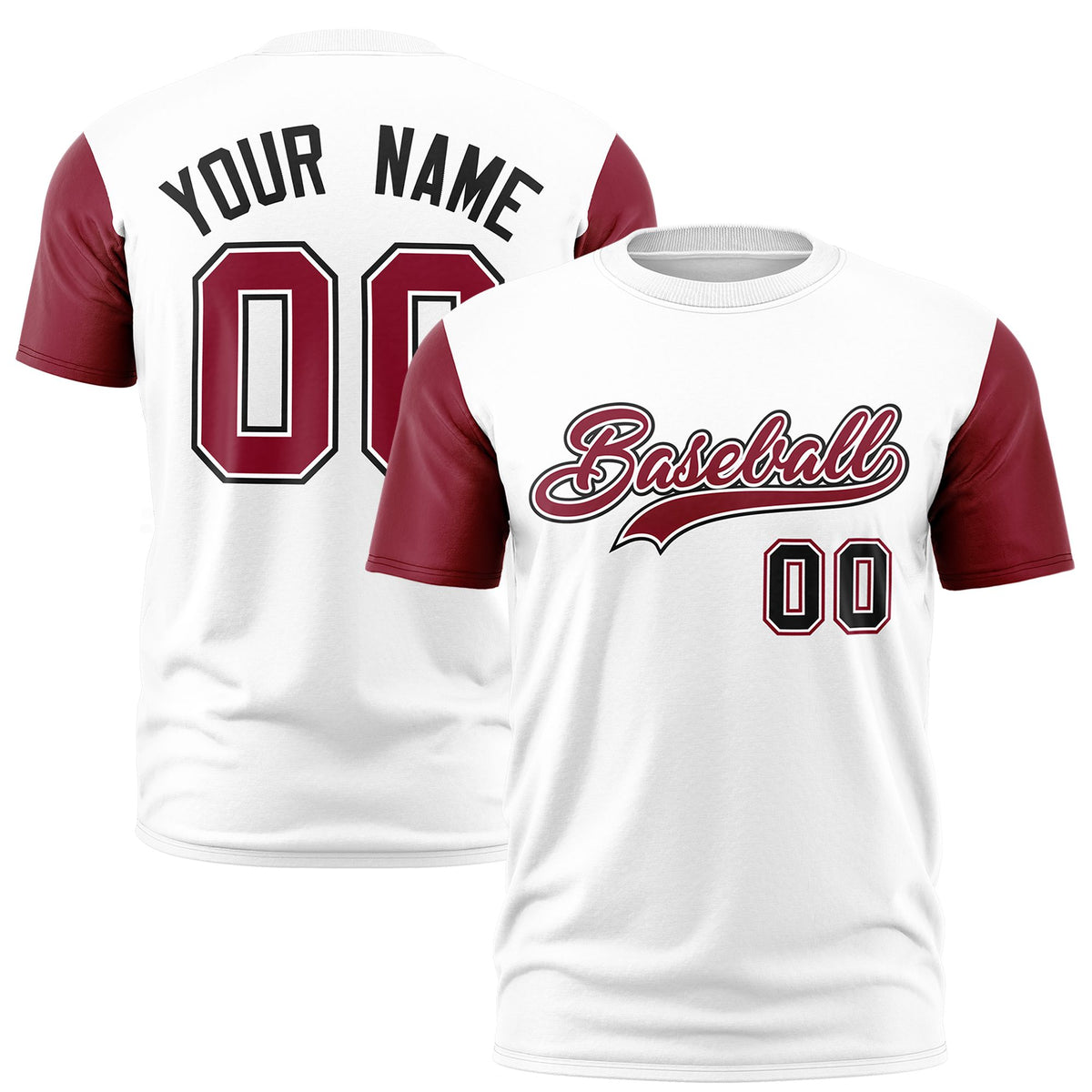 Custom White Crimson Black Crew Neck Personalized Raglan Sleeve Performance T-shirt