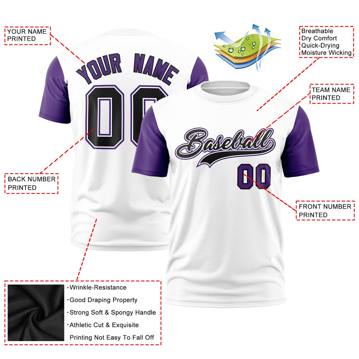 Custom White Purple Black Crew Neck Personalized Raglan Sleeve Performance T-shirt