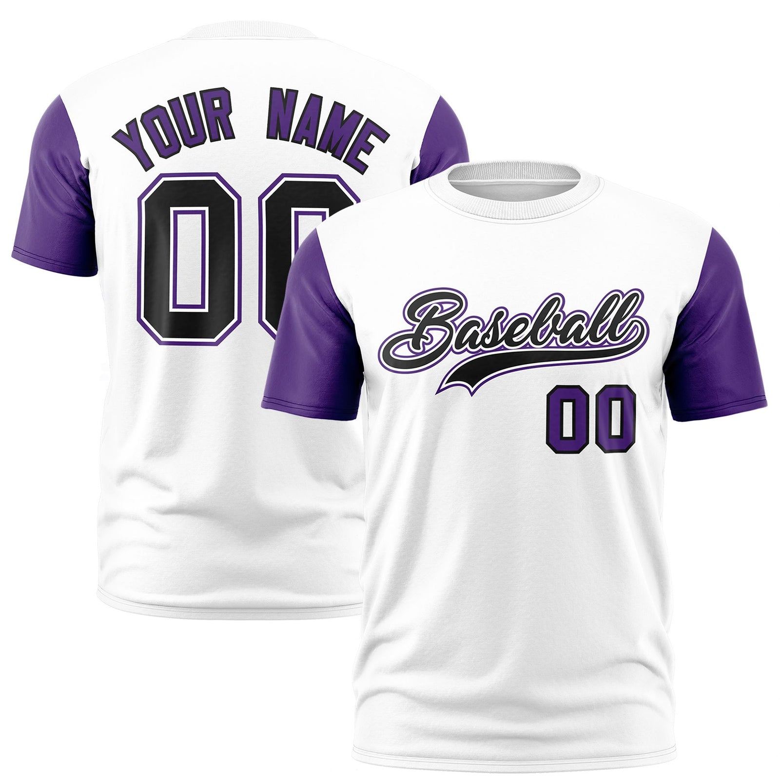 Custom White Purple Black Crew Neck Personalized Raglan Sleeve Performance T-shirt