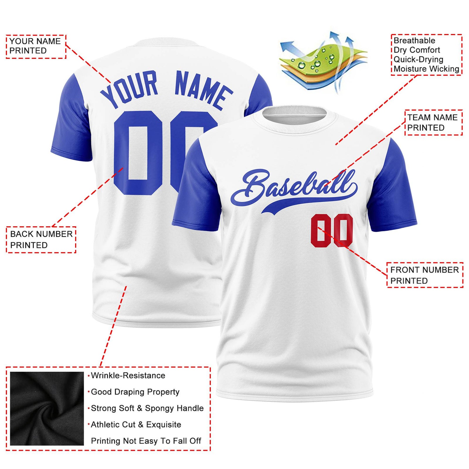 Custom White Royal Blue Red Crew Neck Personalized Raglan Sleeve Performance T-shirt